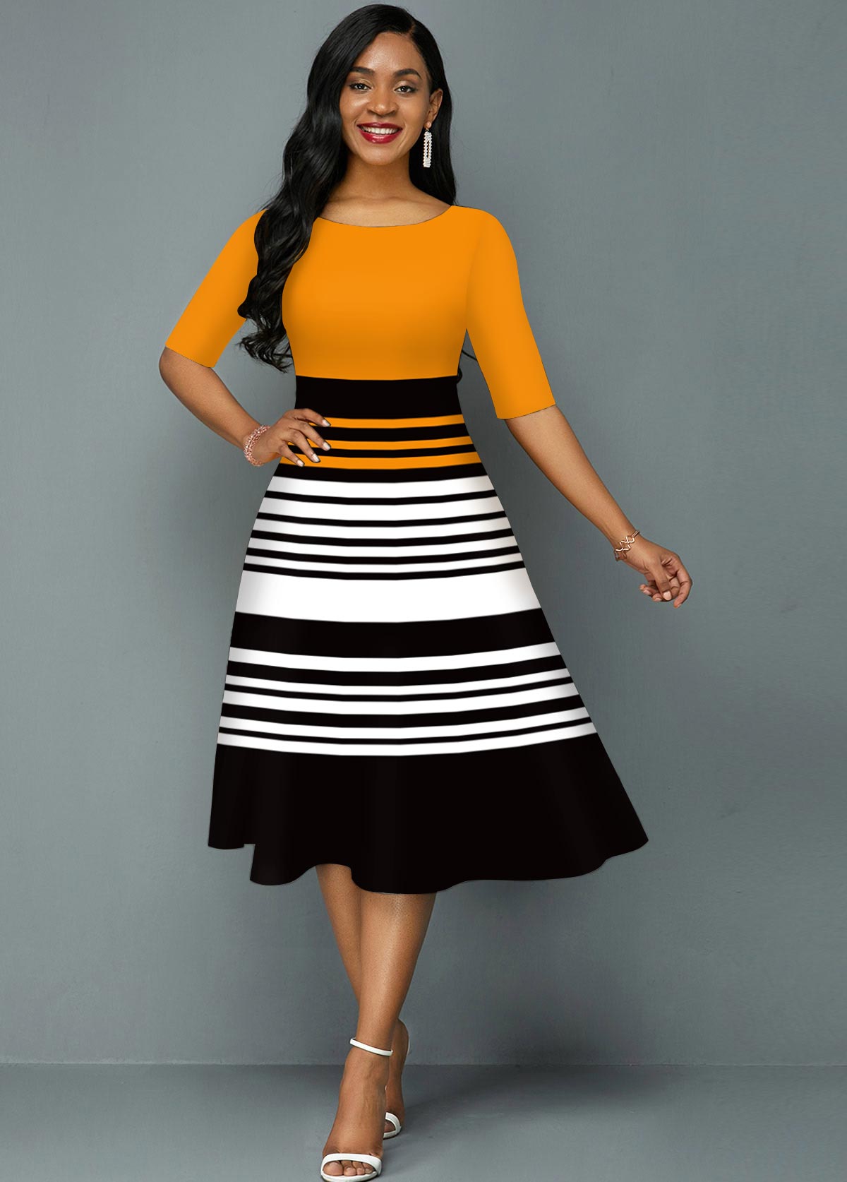 Contrast Striped Round Neck A Line Dress