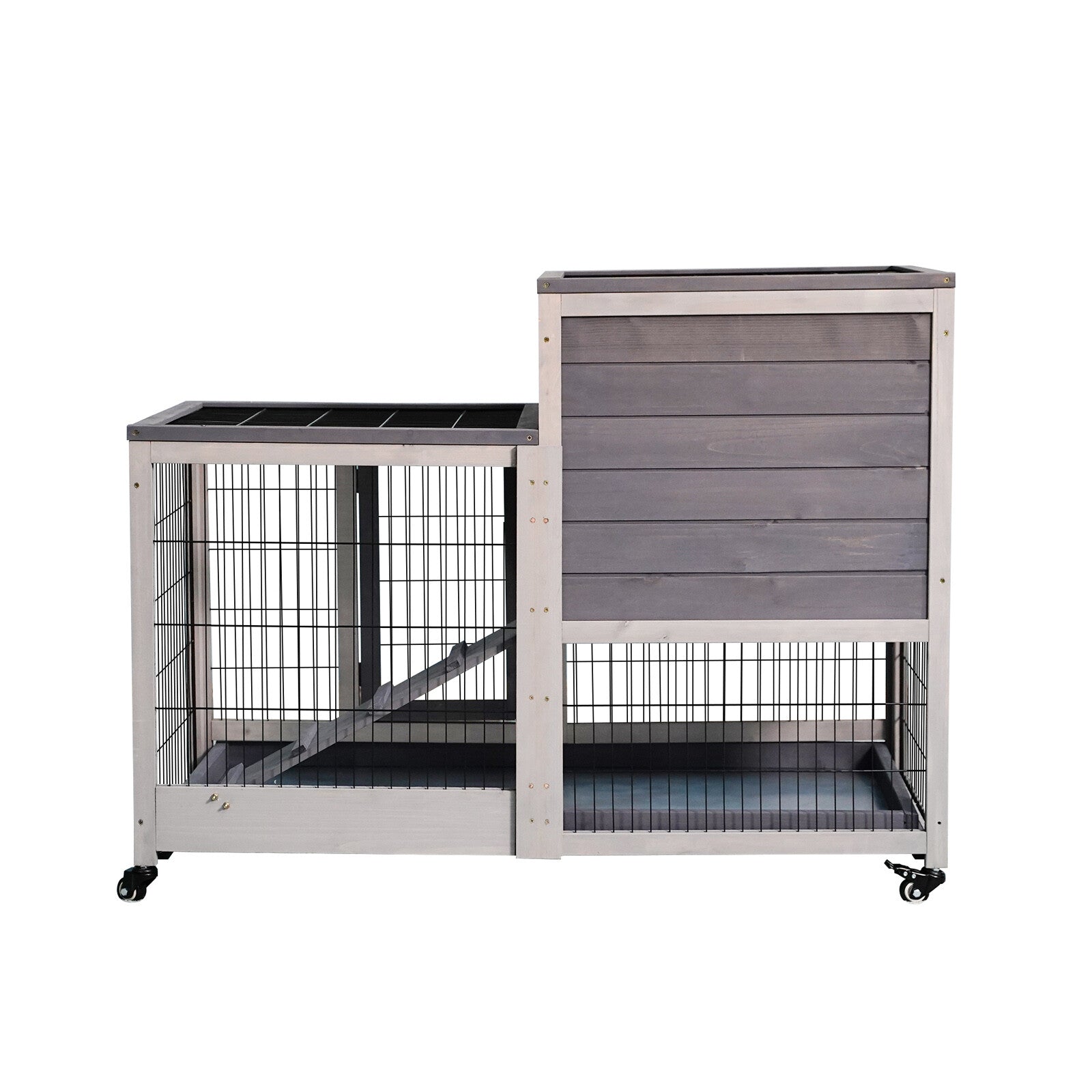 OVERDRIVE Removable Tray Ramp Wooden Outdoor Rabbit Hutch Small Animal Coop with Running Cage with Enclosed Run with Wheels， Ramp， Removable Tray Ideal
