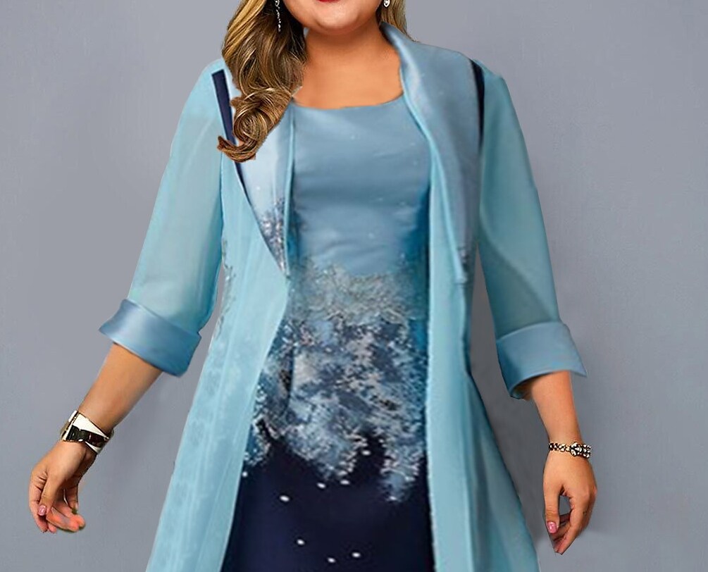 Women's Plus Size Dress Set Color Block Round Neck 3/4 Length Sleeve Dress