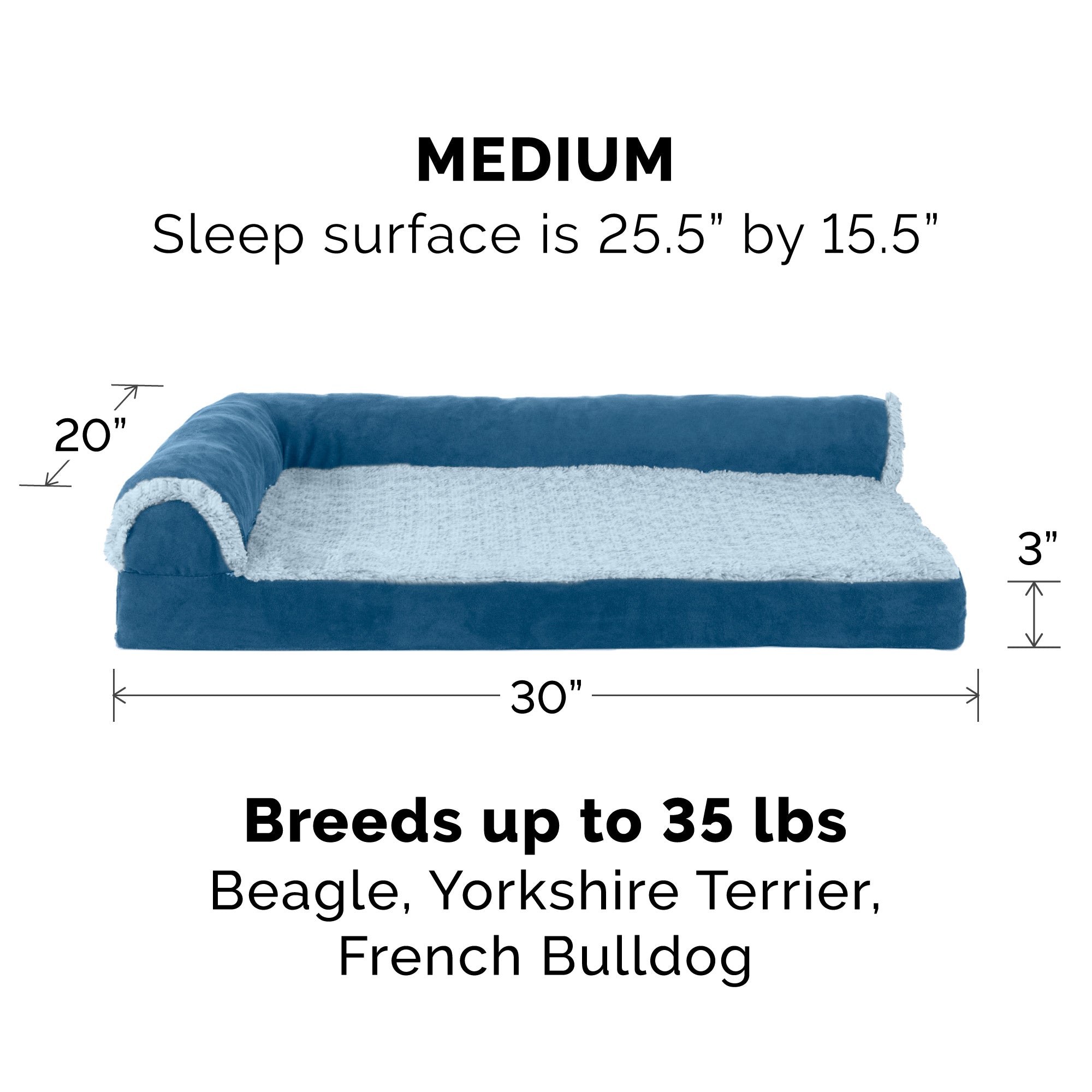 FurHaven | Deluxe Orthopedic Faux Fur and Suede L-Chaise Lounge Pet Bed for Dogs and Cats， Marine Blue， Medium