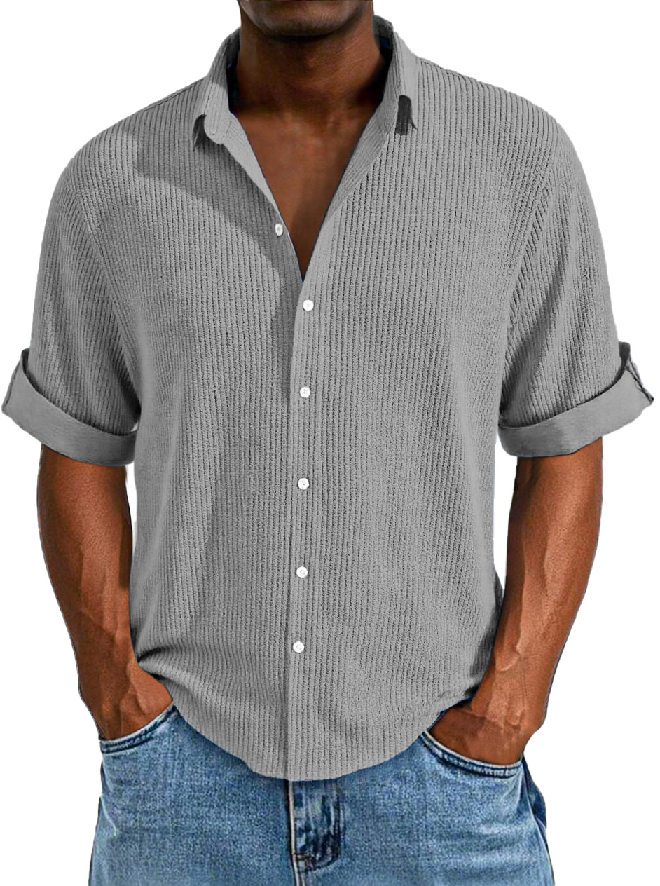 Men's Casual Loose Simple Texture Solid Color Button Short-sleeved Shirt