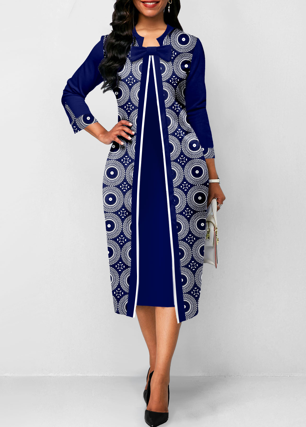 Tribal Print Fake 2in1 Navy Dress