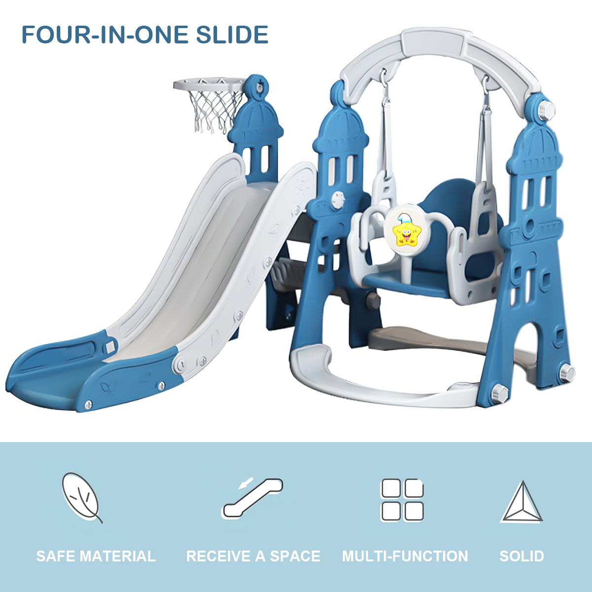 4 in 1 Toddler Slide and Swing Set， Kid Indoor Playground， Combination Slide Swing with Basketball Hoop， Extra Long Slide