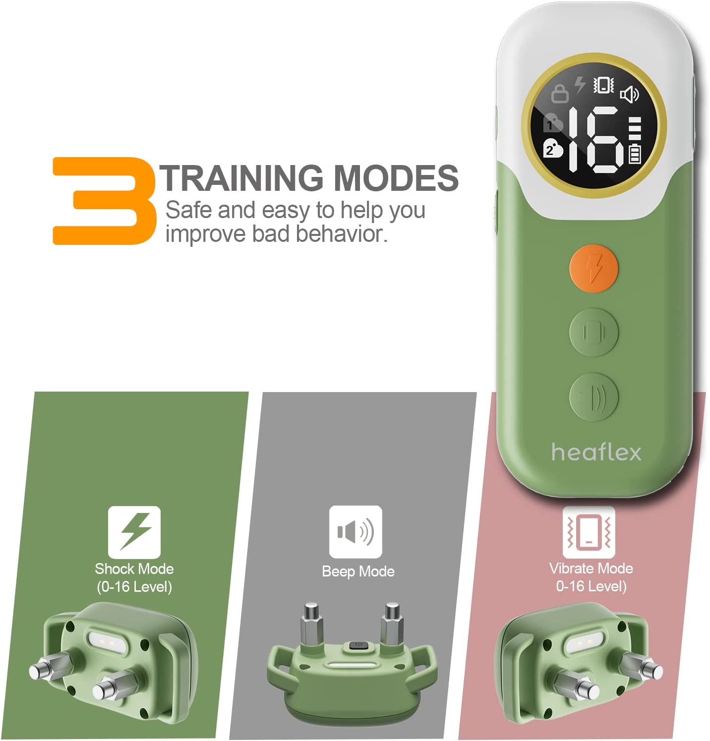 Heaflex Remote Electric Dog Training Collar， No Bark E-Shock Beeps Vibration 3 Safe Training Modes for Small Medium Large Dogs