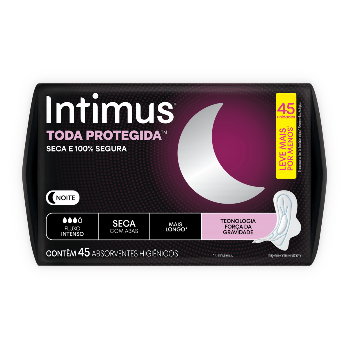 Absorvente com Abas Noite Seca Intimus Toda Protegida Mais Longo Pacote 45 Unidades Leve Mais Pague Menos