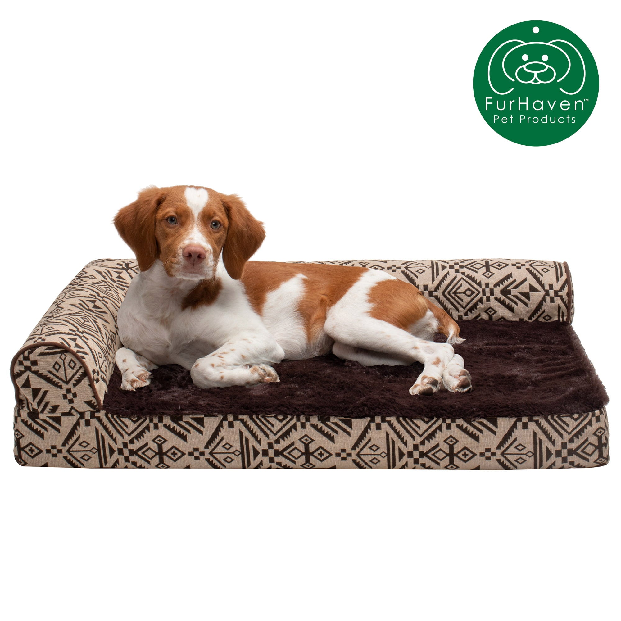 FurHaven | Deluxe Memory Foam Southwest Kilim L-Chaise Lounge Pet Bed for Dogs and Cats， Desert Brown， Medium