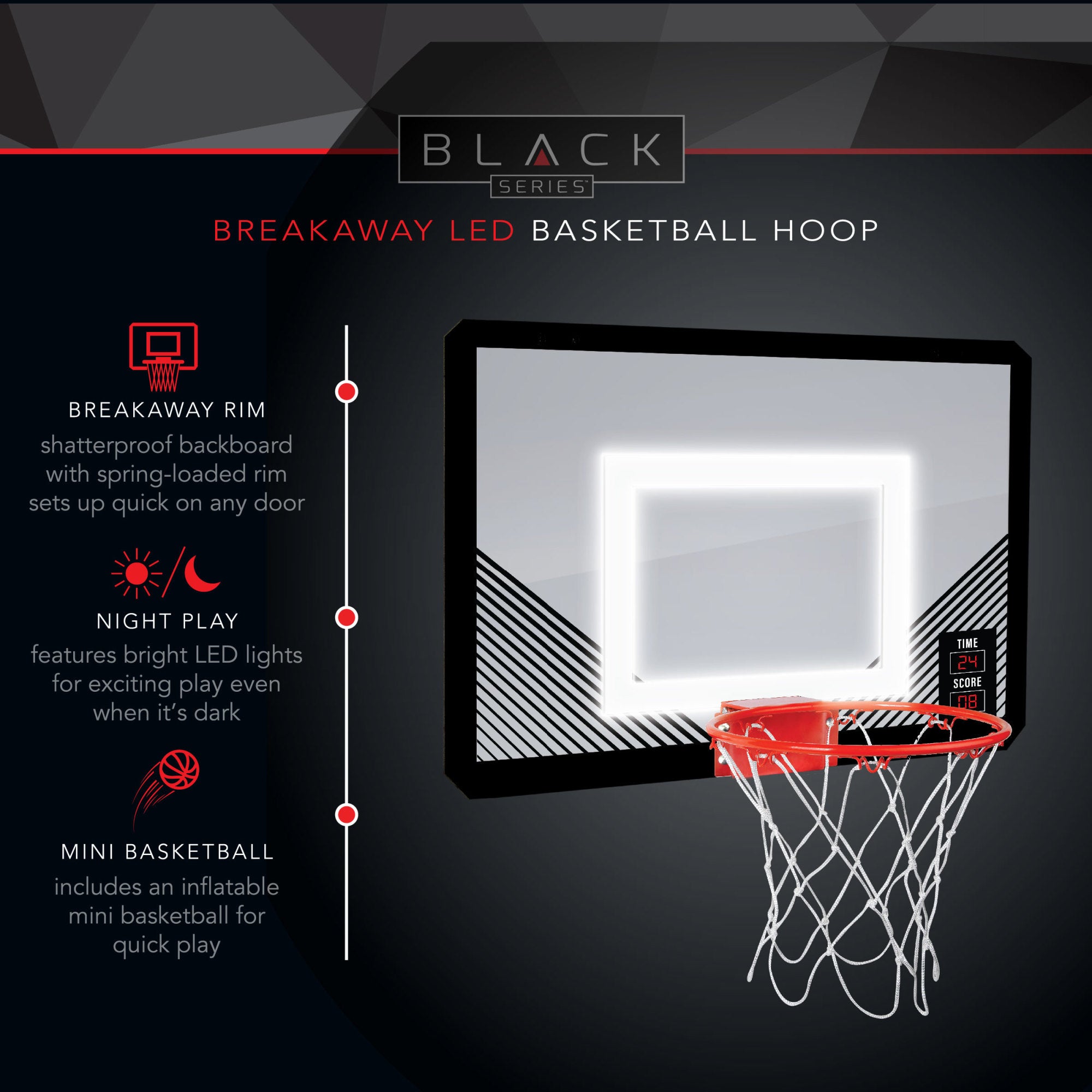 Black Series LED Light-Up Basketball 18 Inch Hoop Sports Game with Mini Ball for Indoor/Outdoor Play During the Day or Night -Slam Dunk Approved