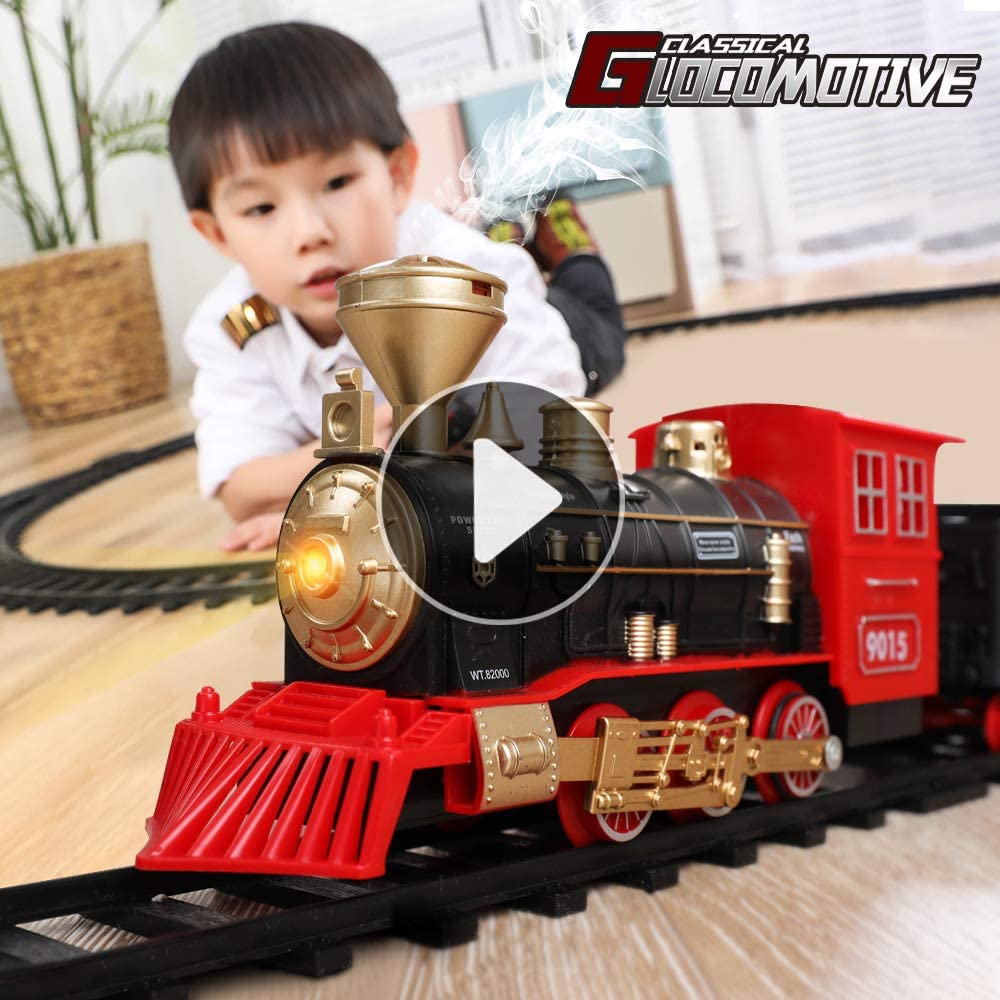 Temi Train Sets w/ Steam Locomotive Engine， Cargo Car and Tracks， Battery Operated Play Set Toy w/ Smoke， Light and Sounds， Perfect for Kids， Boys and Girls， Red