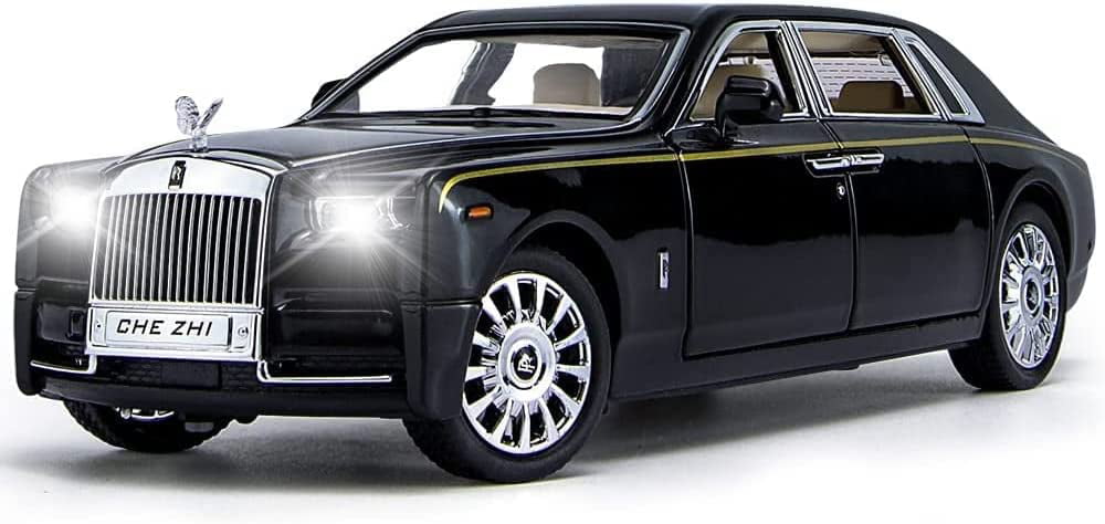 Cocobaby Upgrade Version -Exquisite car Model 1/24 Rolls-Royce Phantom Model Car，Zinc Alloy Pull Back Toy car with Sound and Light for Kids Boy Girl Gift. (Black-Black)