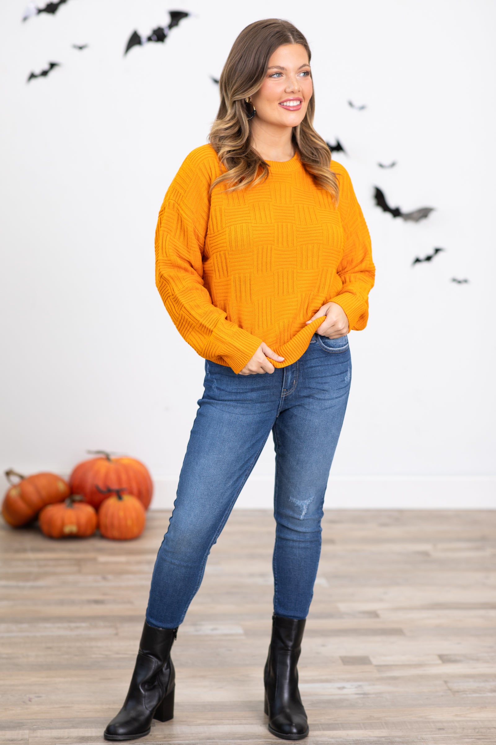 Orange Checkerboard Textured Sweater