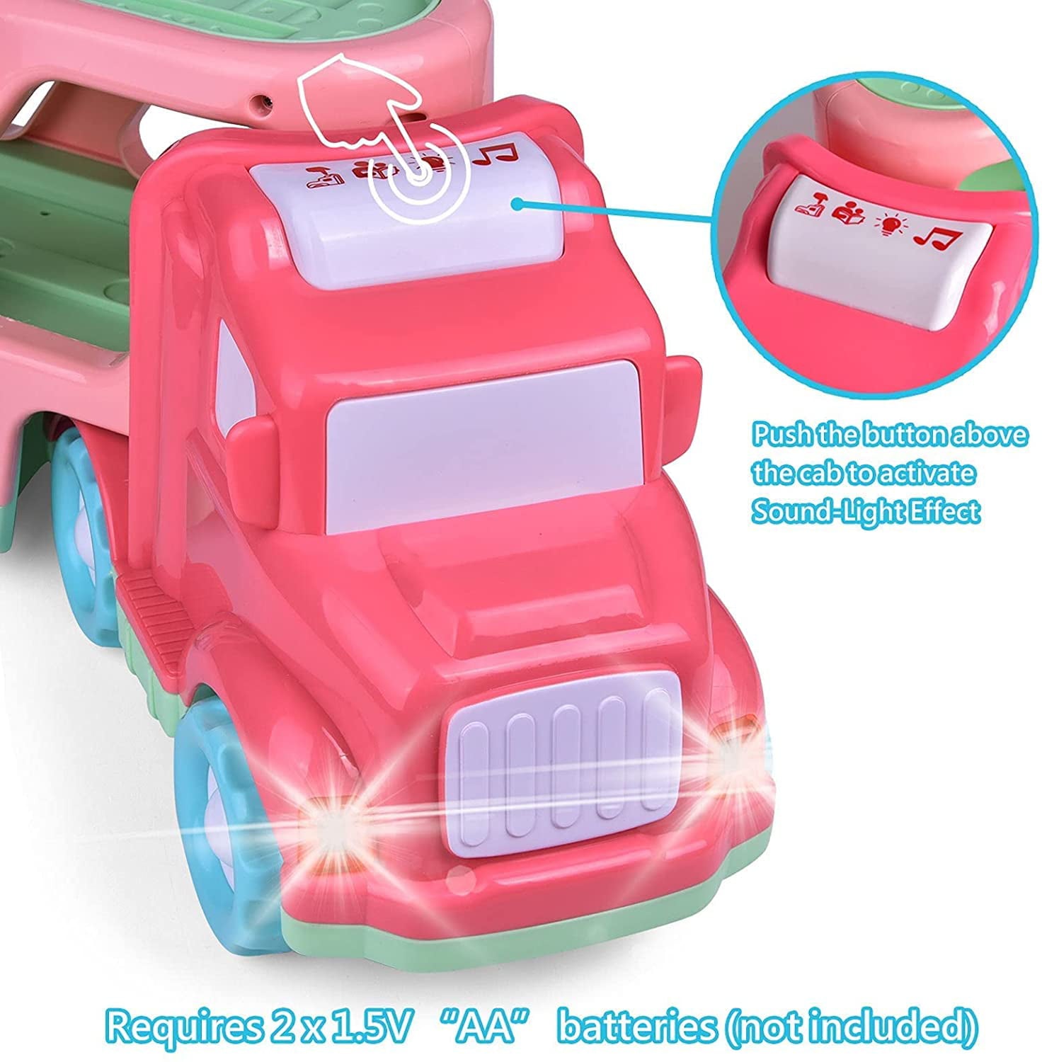 Fun Little Toys Cartoon Vehicles Car Carrier Truck Pink Toy for Girls with Lights and Sounds， Toys for 2 3 4 Year Old Girls， 5 in 1 Push and Go Trailer