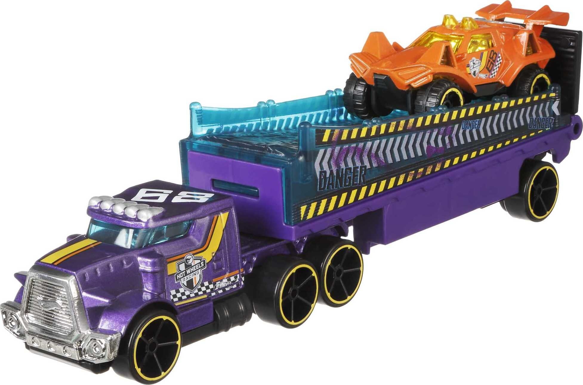 Hot Wheels Super Rigs， Toy Transporter Truck and Toy Car in 1:64 Scale (Styles May Vary)