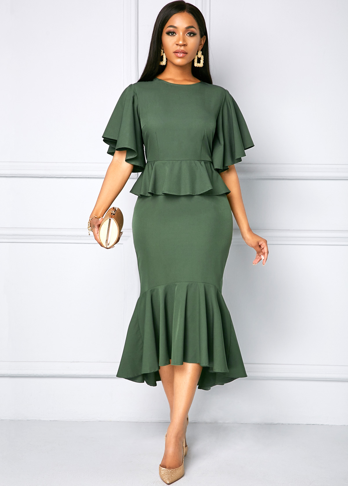 Solid Half Sleeve Round Neck Dress