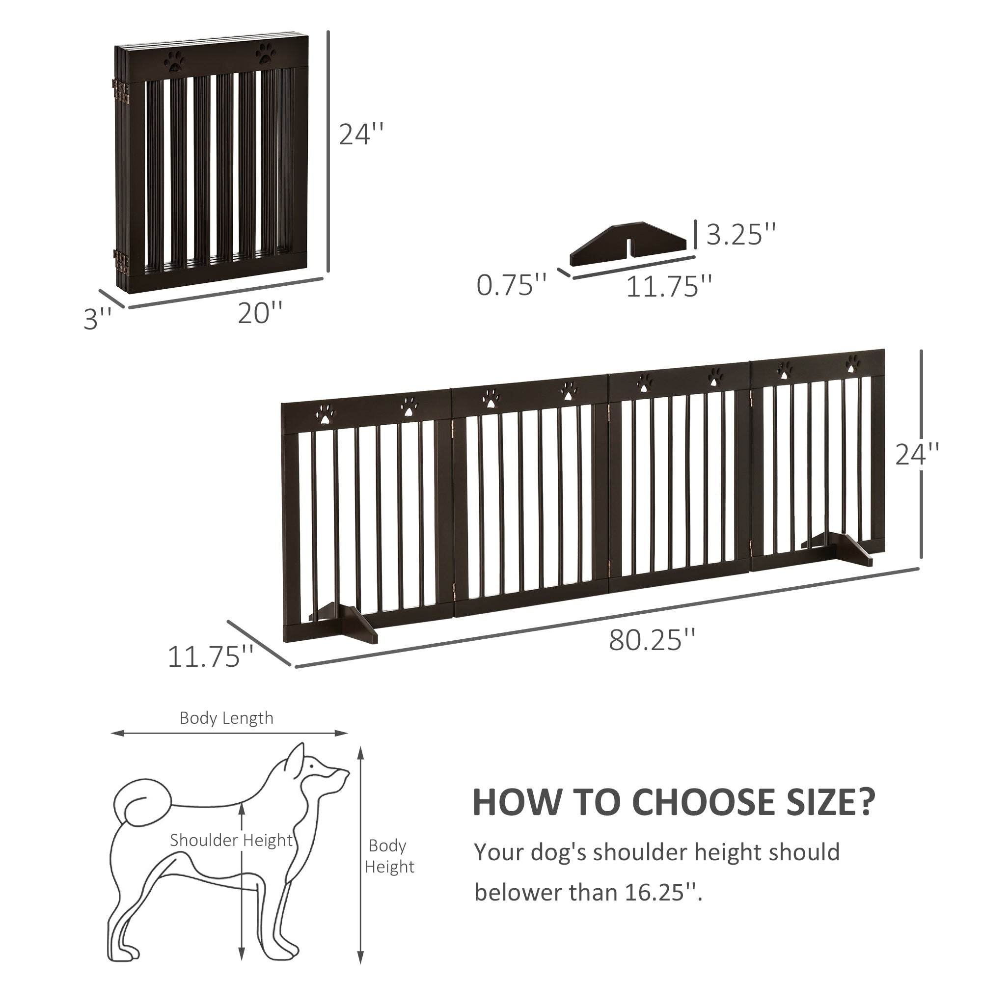 PawHut Freestanding Pet Gate， Wooden Dog Barrier， Folding Safety Fence with 4 Panel， Support Feet up to 80.25
