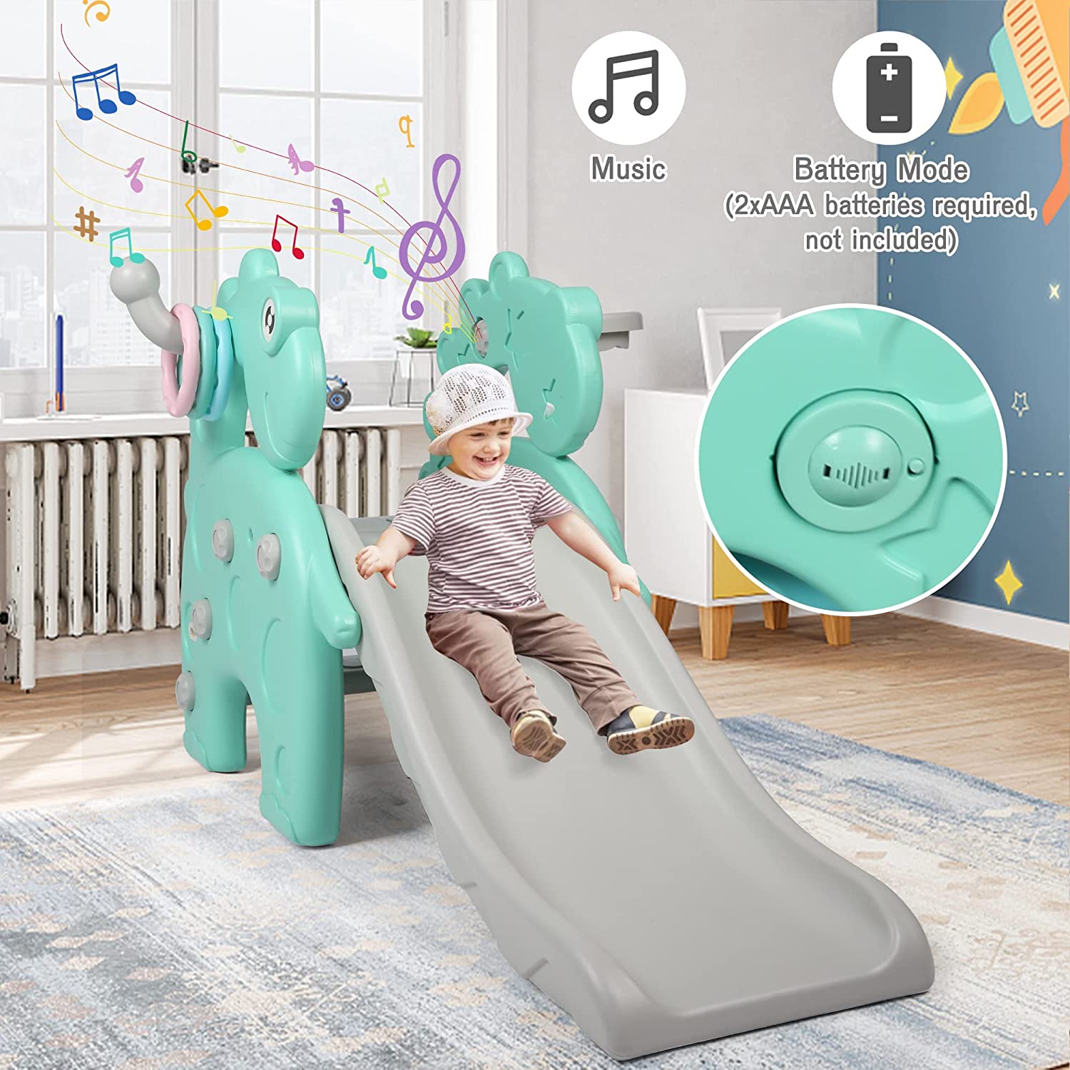 Toddlers Slide and Climber Set - 4 in 1 Play Slide + 3-Step Climbers + Basketball Hoop + 3-Color Ring Toss， Kids Indoor Slide Slipping Backyard Playground Have Fun， Green