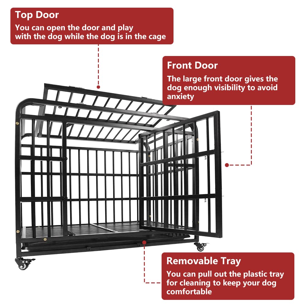 SMONTER 38 Inch Heavy Duty Dog Crate - Indestructible Dog Crate for Large Dog Strong Metal Dog Kennel Training Dog Cage Easy to Assemble Pet Playpen with Wheels Double Doors Removable Tray， Black