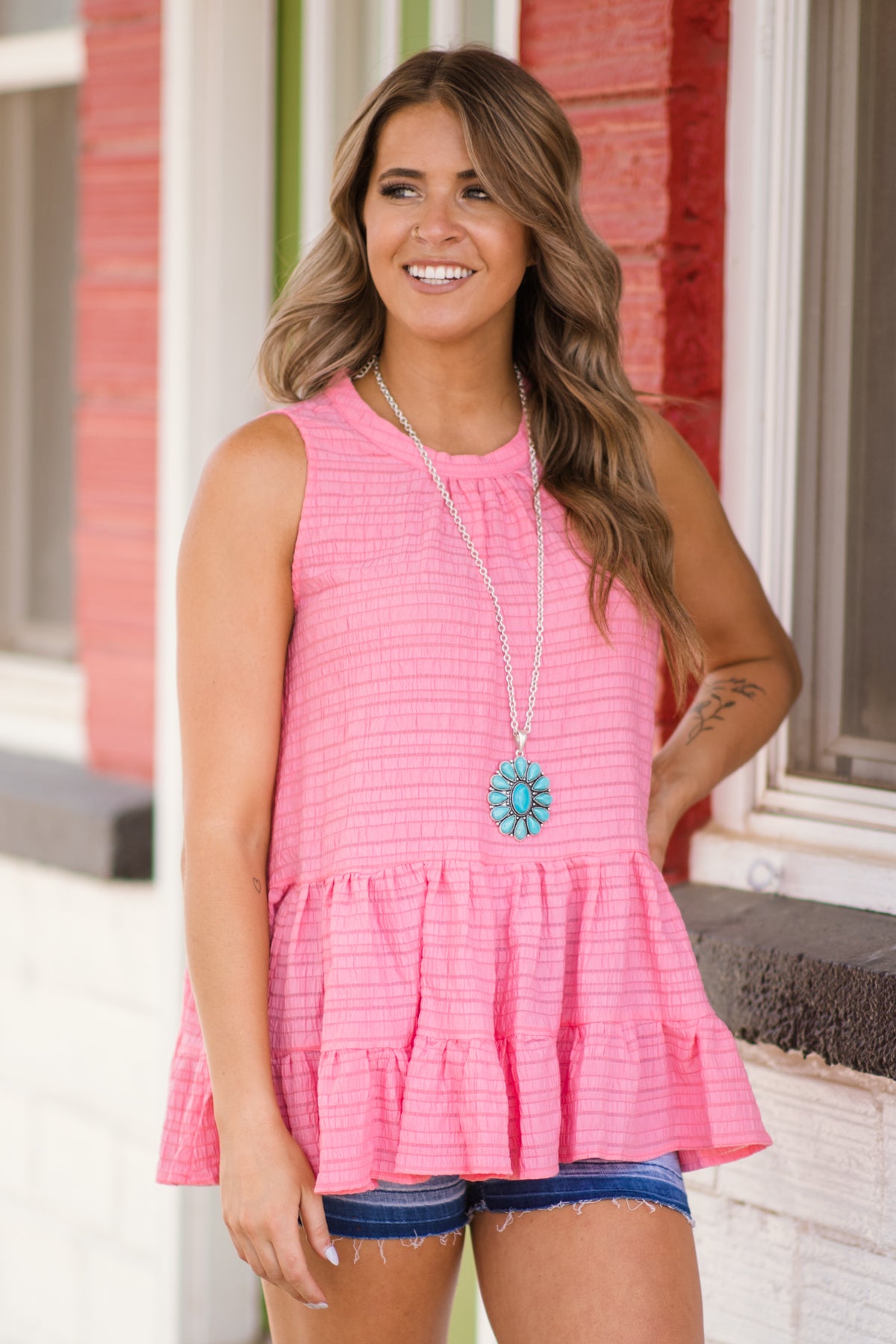 Pink Textured Babydoll Tank