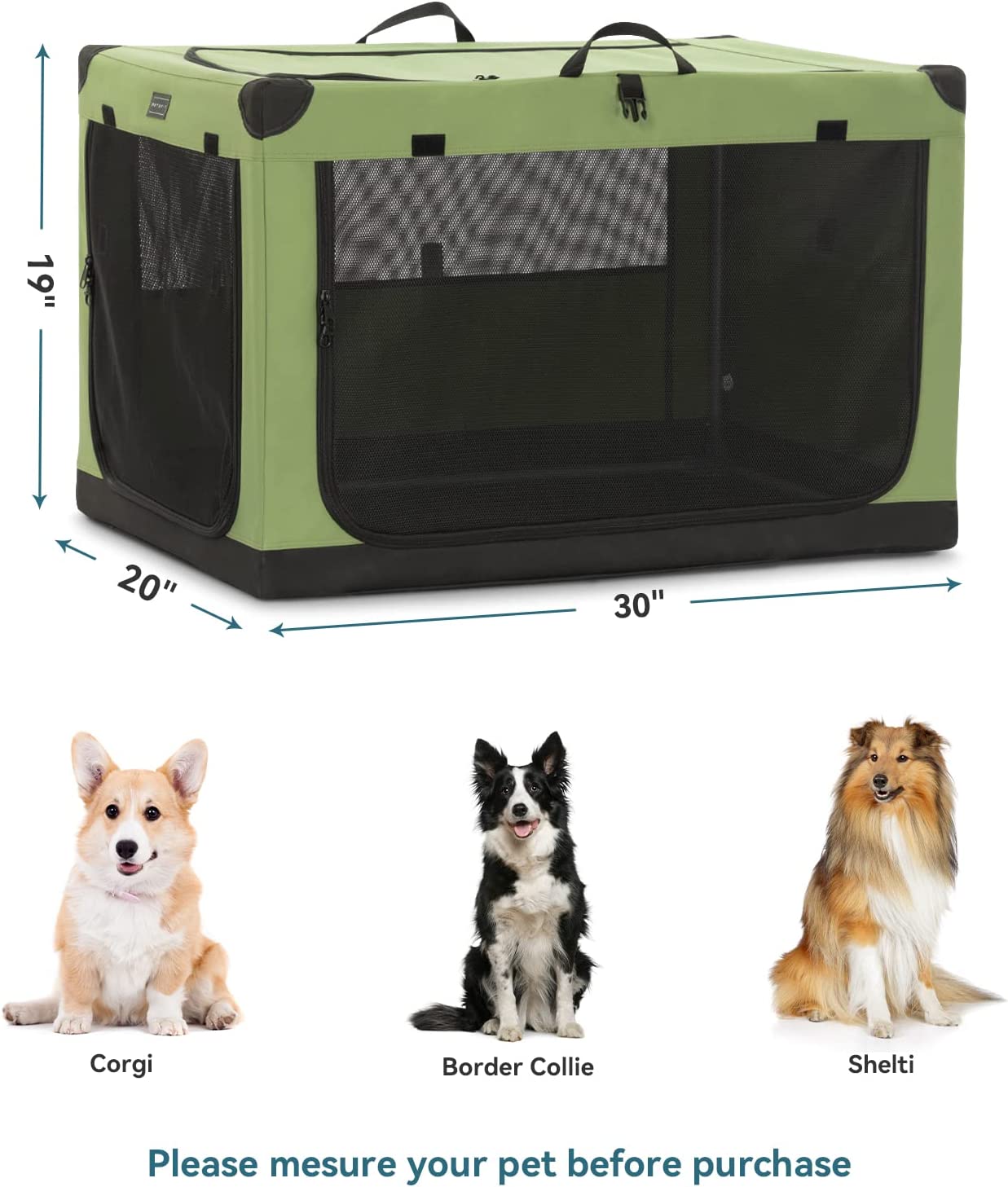 Portable Soft Medium Dog Crate， Indoor and Outdoor Crate for Pets， for Medium Dog Green 30 x 20 x 19 Inches