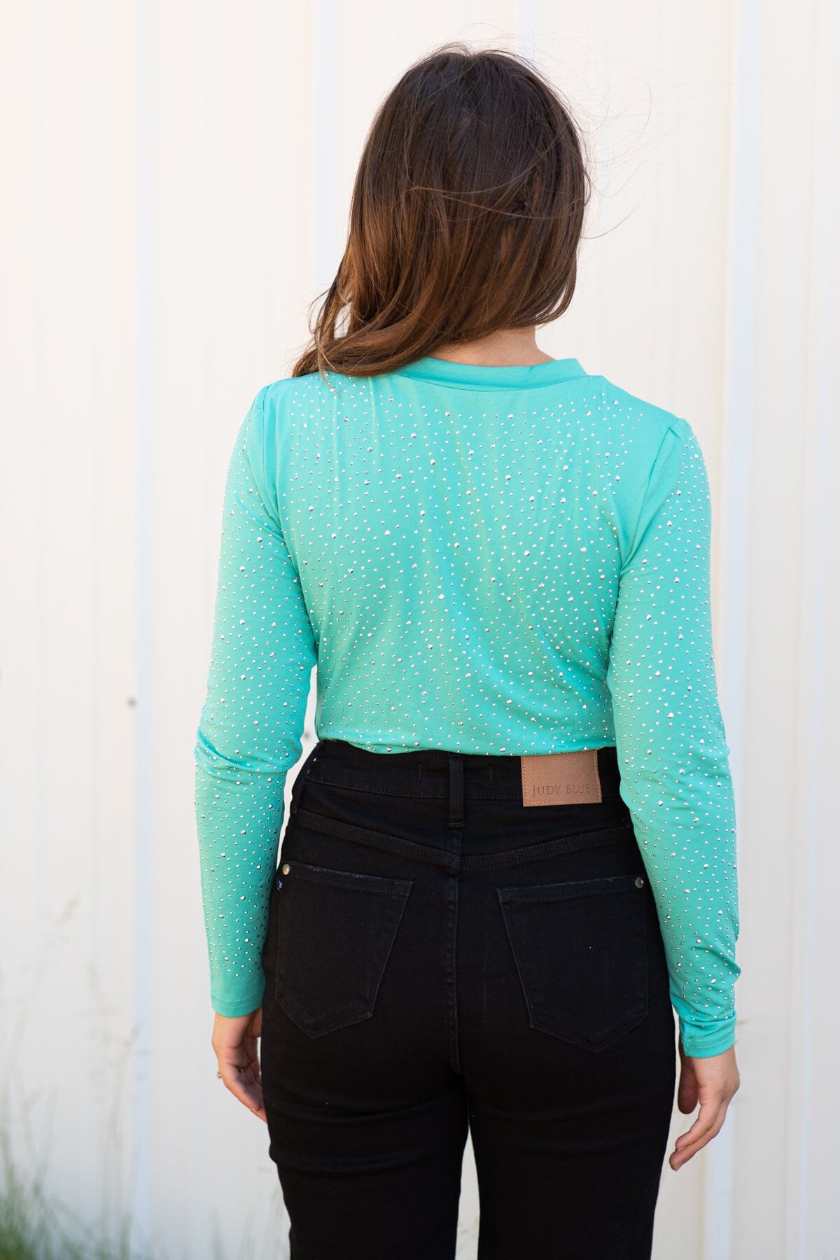 Mint Long Sleeve Bodysuit With Rhinestones