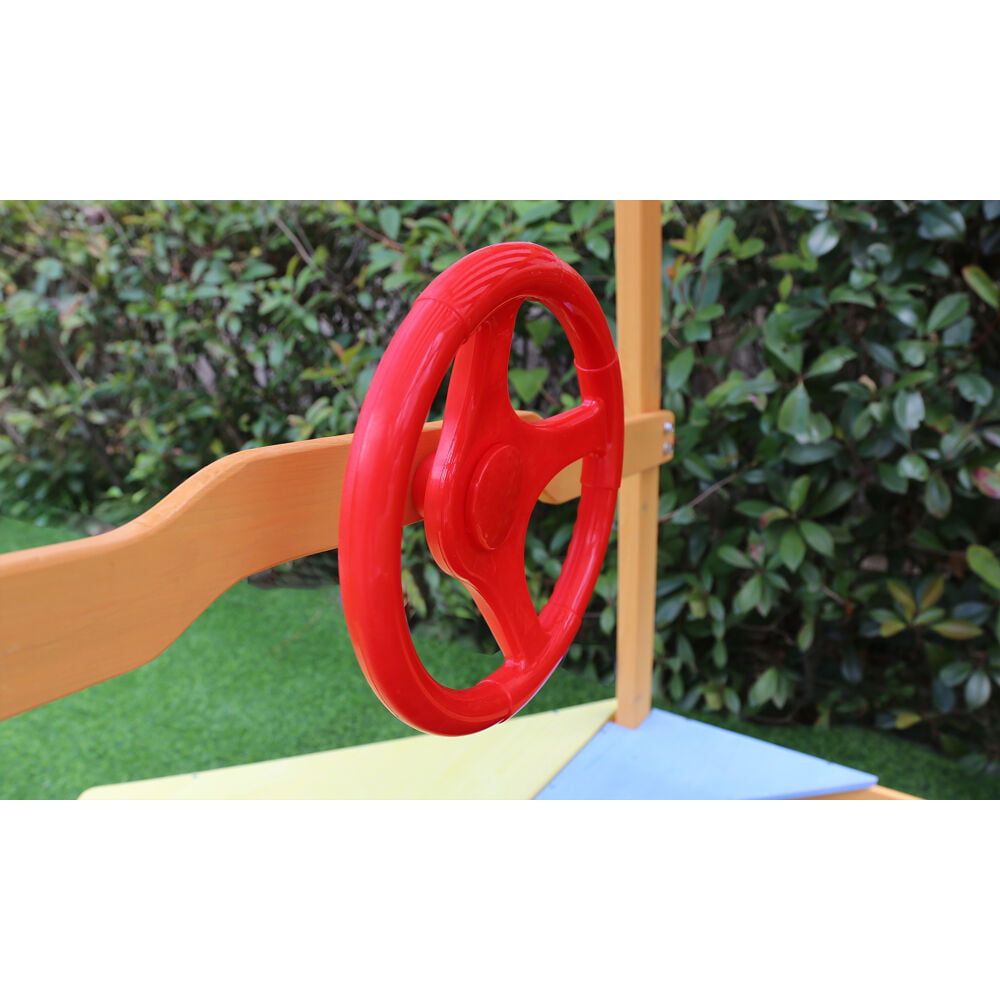 Critter Sitter Children's Wood Sand Box Boat with Red and White Striped Canopy， Wheel， and Bottom Liner - CSSB0103-NAT