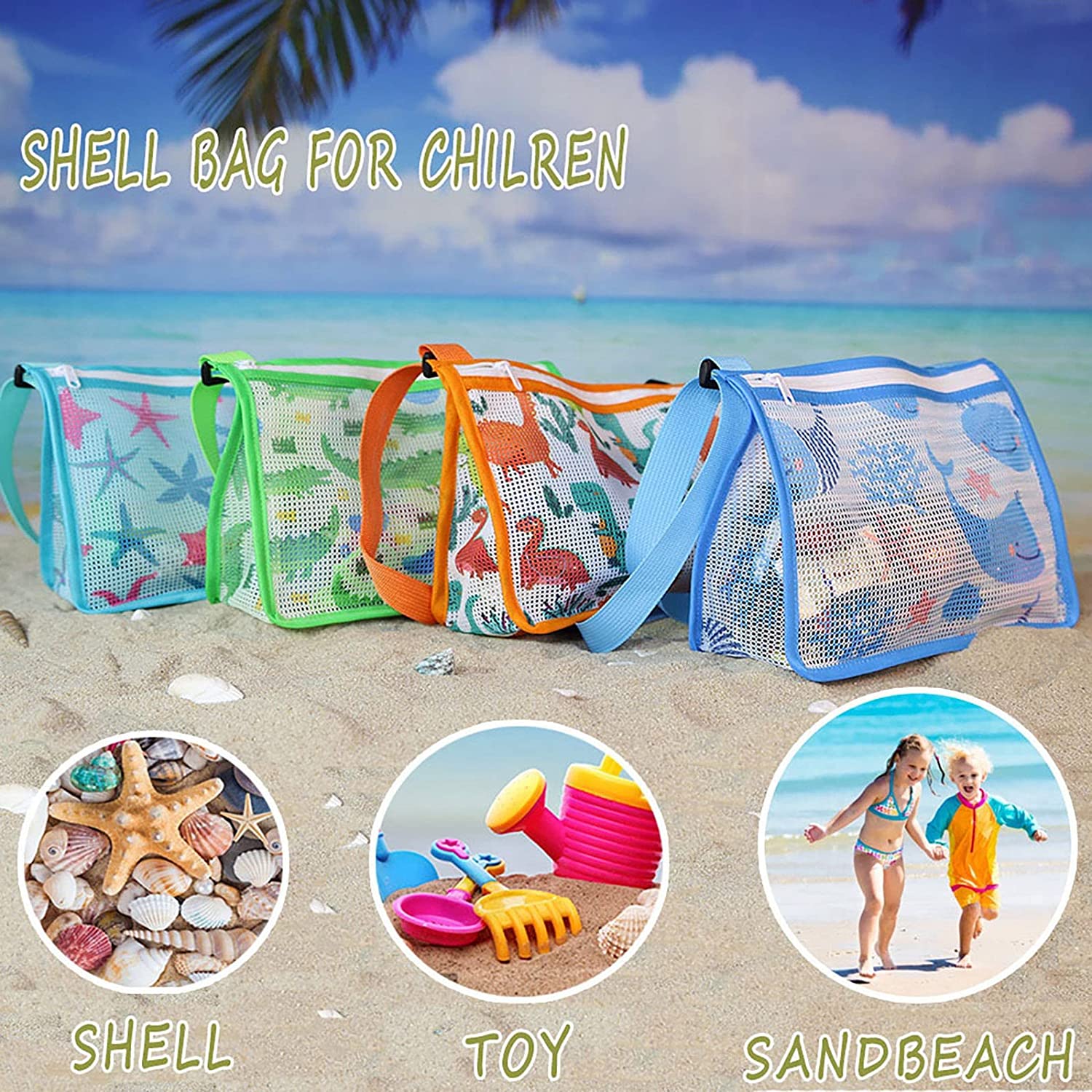 5 Pack Beach Toy Mesh Bag Kids Shell Collecting Bag Totes with Zipper for Holding Shells Beach Sand Toy for Boys and Girls