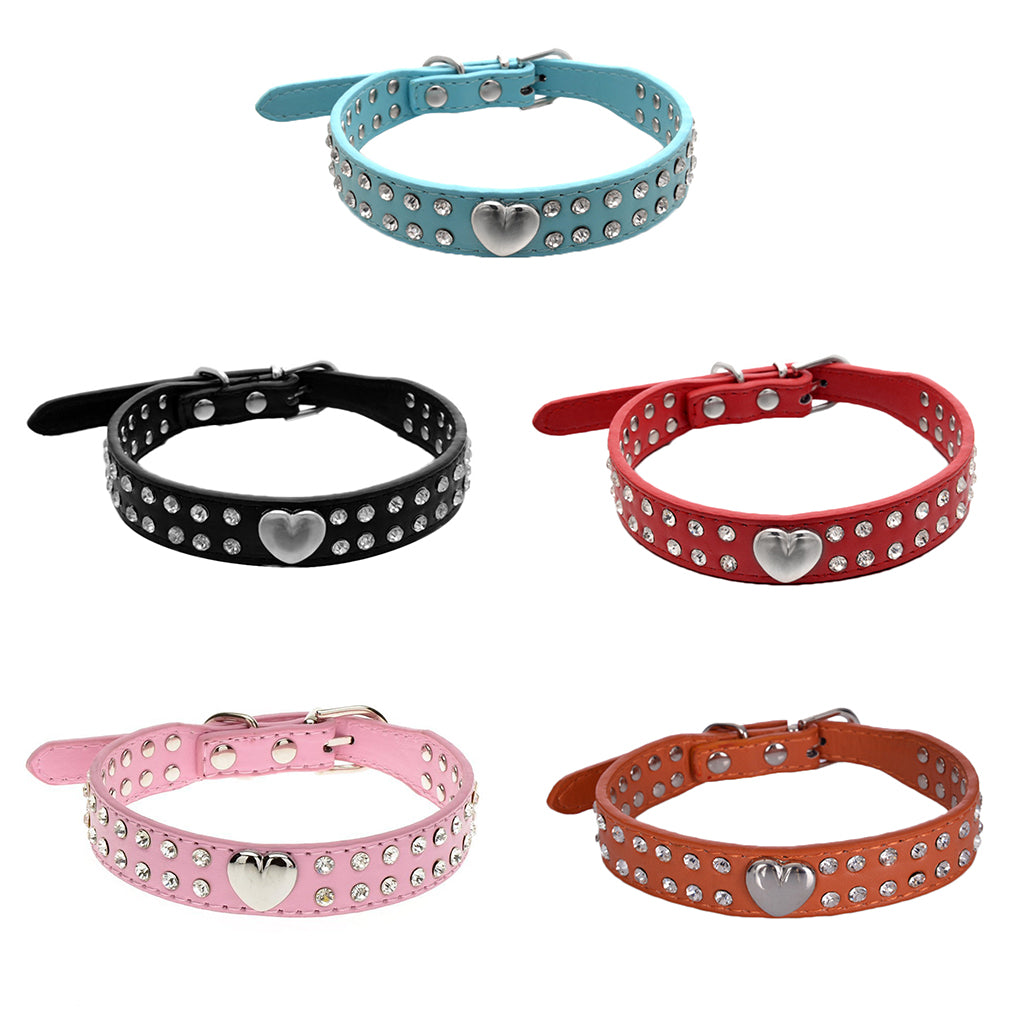 Pet Collar Rhinestones Crystal Heart PU Leather Pet Necklace Jewelry Holiday Gift，Blue，XXS