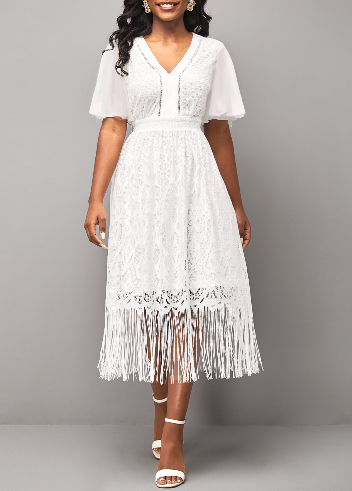 Lace Stitching V Neck Butterfly Sleeve White Dress