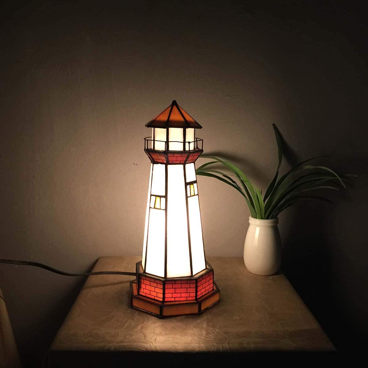 SHADY L10626 Lighthouse  Style Stained Glass Accent Table Lamp Night Light  6"W x 12"H