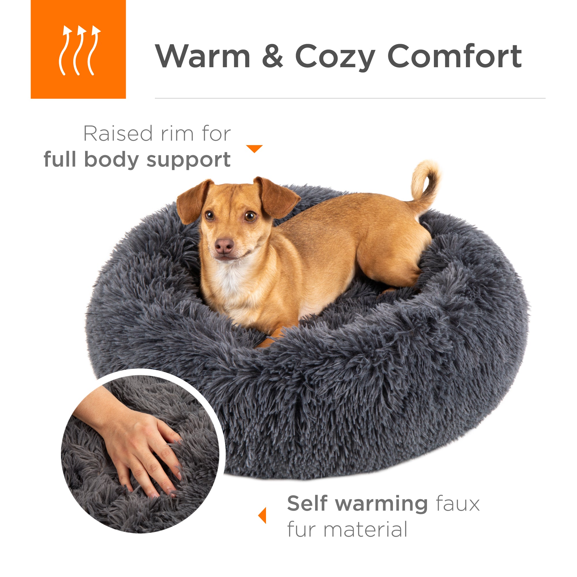 Best Choice Products Self-Warming Plush Faux Fur Donut Calming Dog Bed Cuddler w/ Water-Resistant Lining - Gray