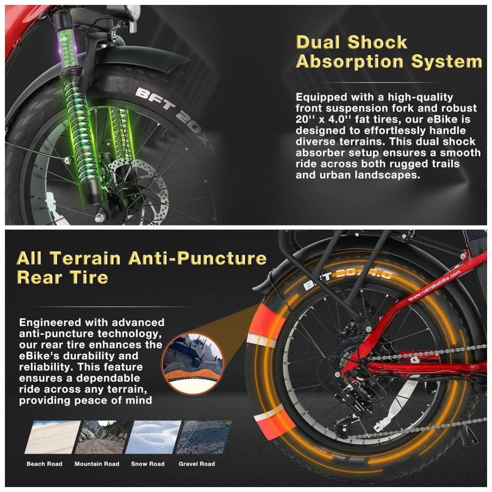 Bicicleta Elétrica Dobrável Narrak S129 Vermelho, Motor Traseiro 750W (Pico 1100W), Bateria 48V 13Ah (624Wh), Pneus Largos 20