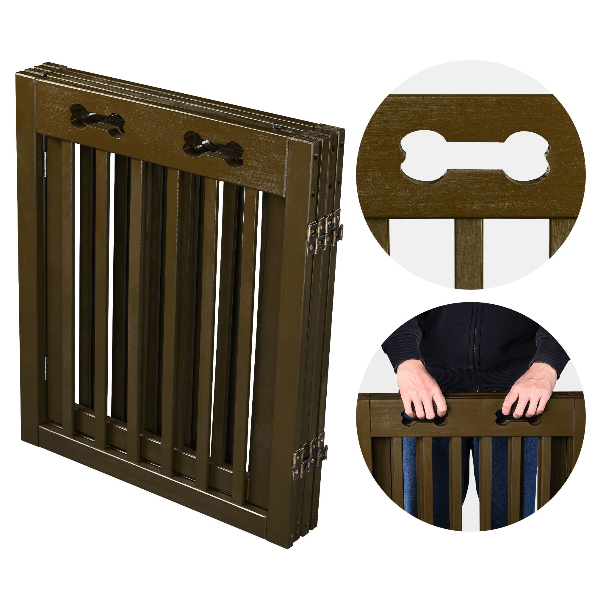 Freestanding Wooden Pet Gate w/ Walk Through Door， 360° Rotation Folding Cat Dog Fences