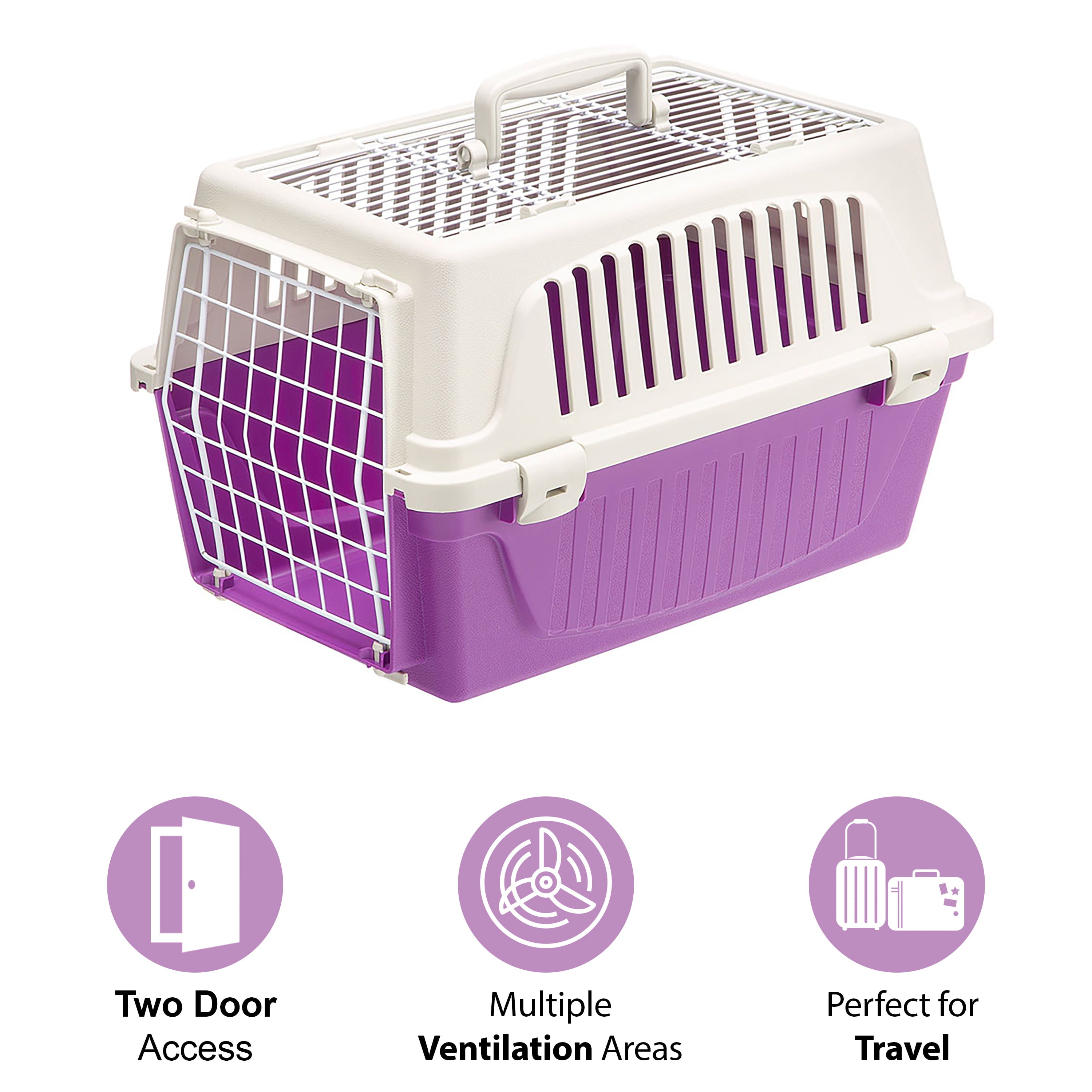 ATLAS Two Door Top Load Plastic Kennel and Pet Carrier， Purple 19-Inch