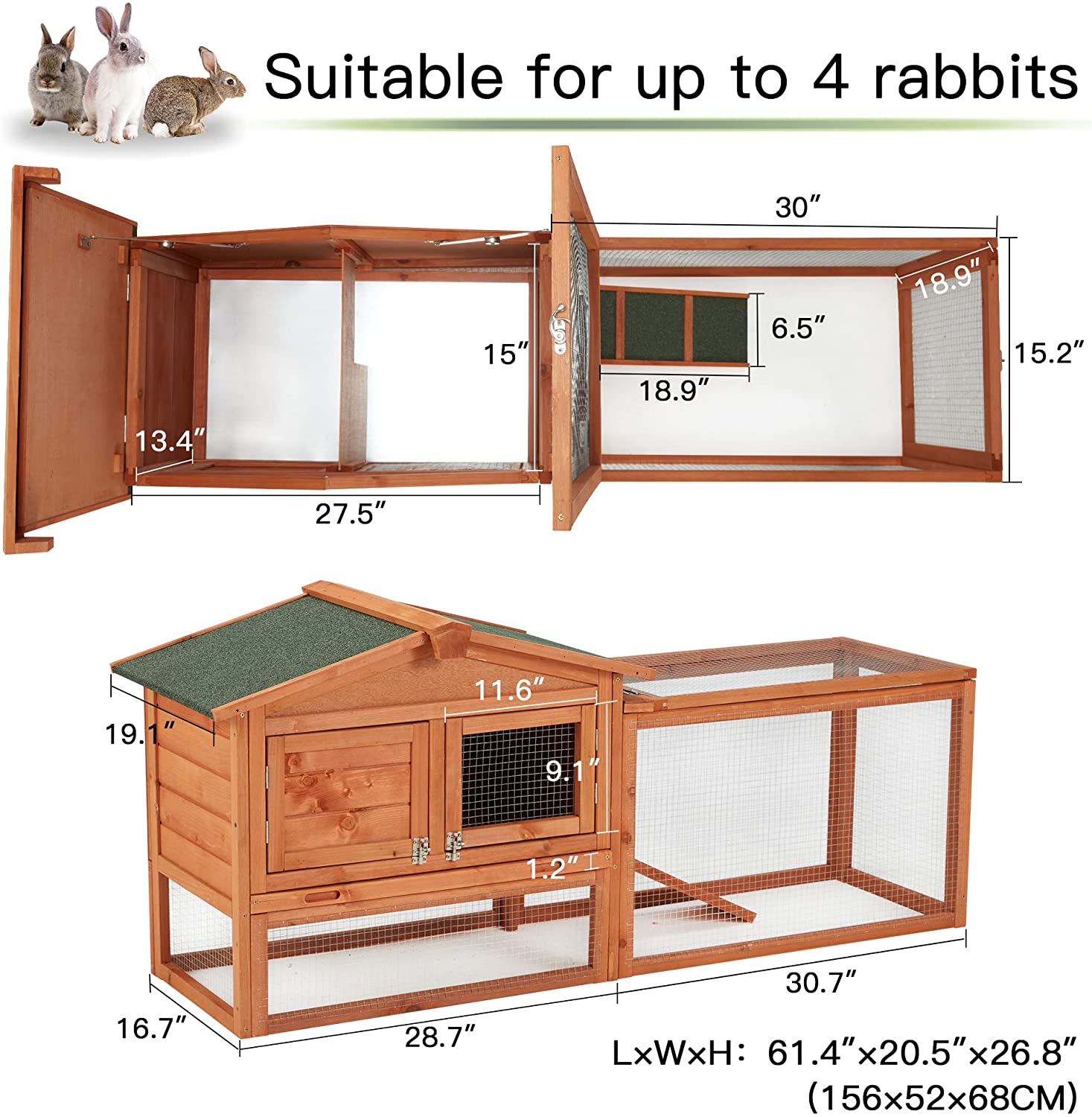 Wooden Rabbit Hutch， 2-Tiyer Indoor Outdoor Pet House with Pull Out Tray， Bunny Cage with Ramp and Waterproof Roof， Grey