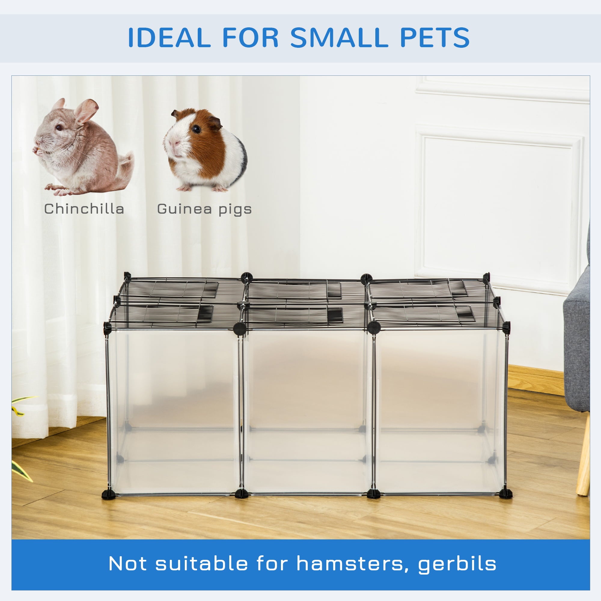 PawHut Pet Playpen with Door， Guinea Pigs Mesh Cage for Small Animal， Clear