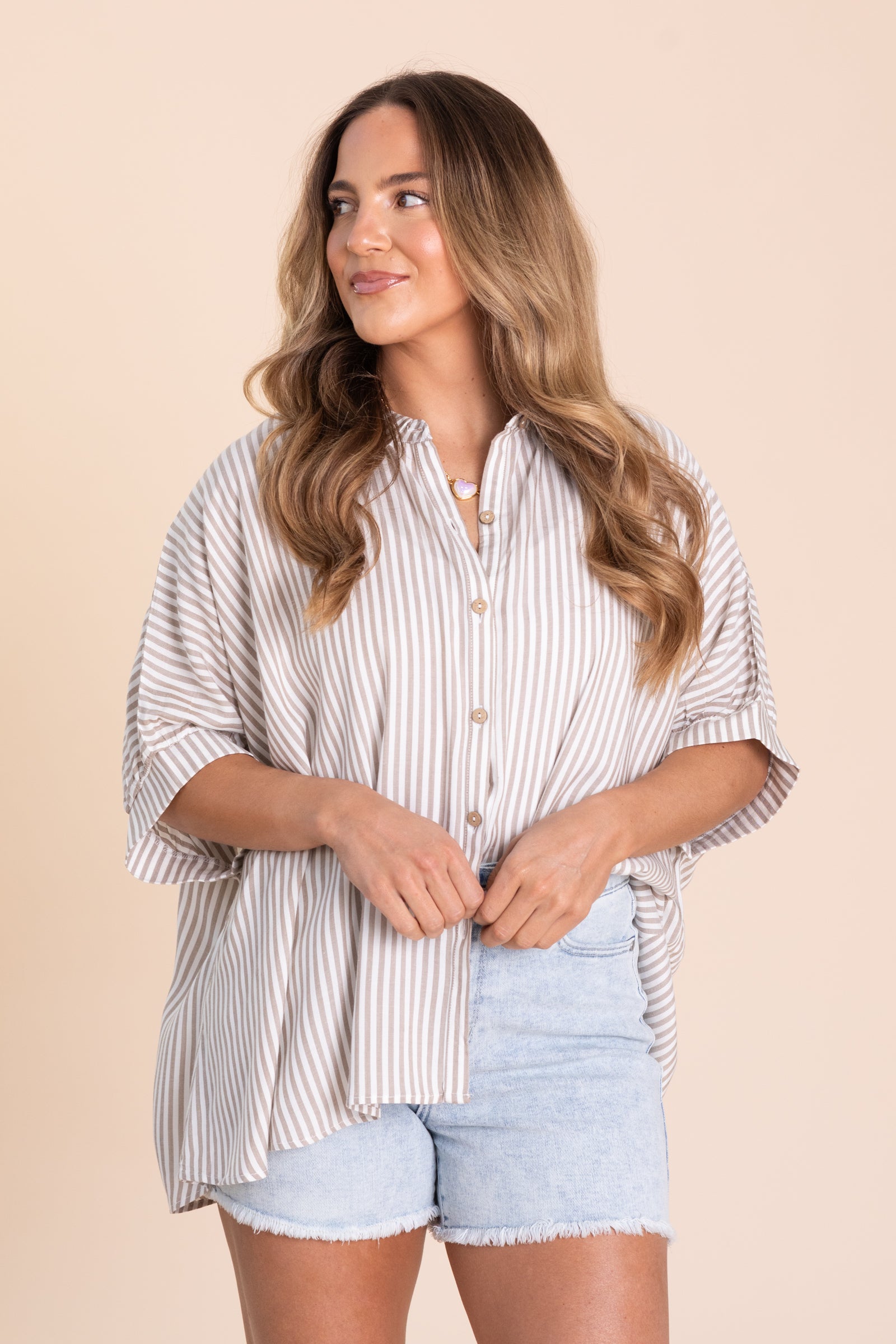 Taupe Rayon Striped Short Sleeve Button Top