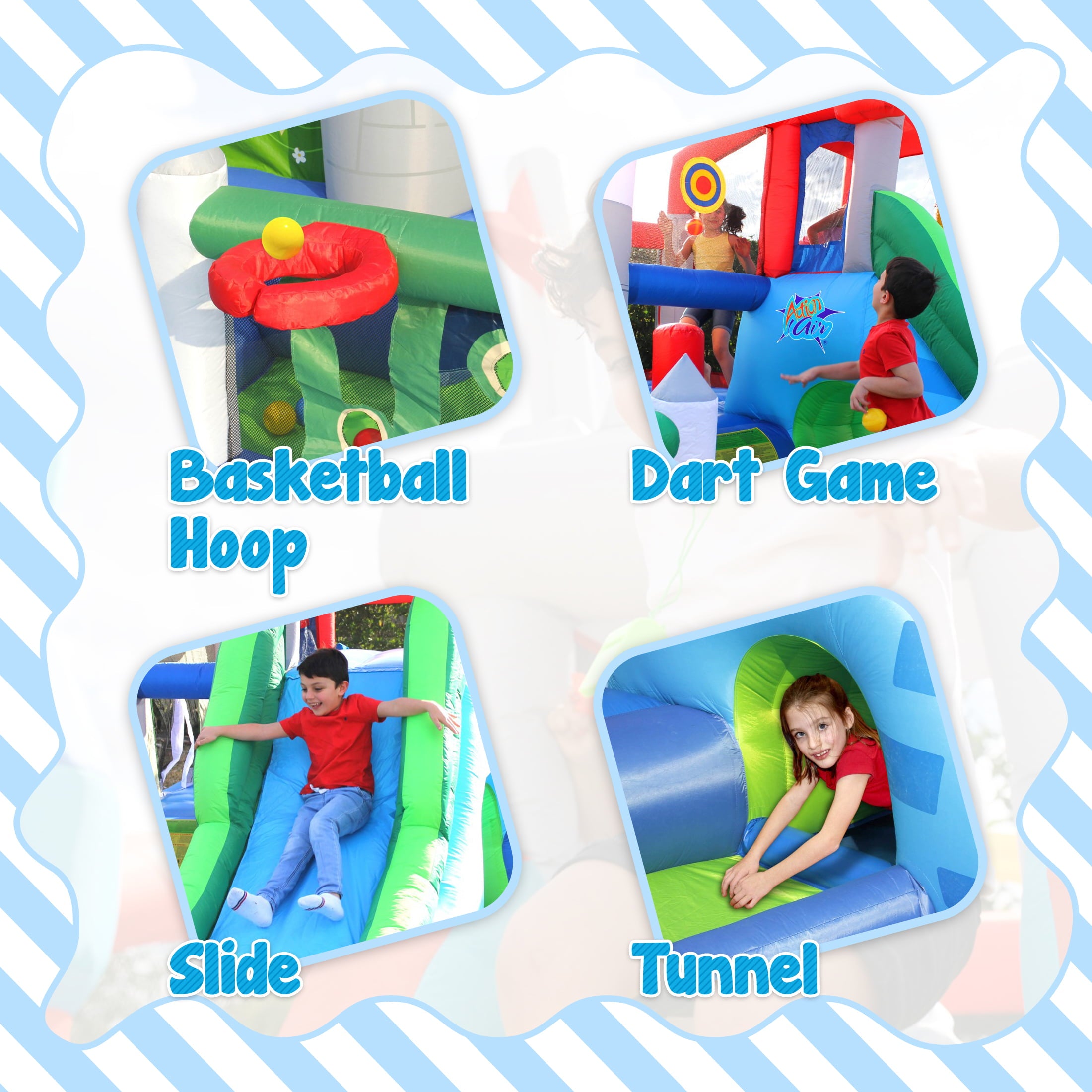Action Air Bounce House， Inflatable Bouncer with 30 Pit Ball， Bouncy Castle with Blower for Kids 3-10 Years