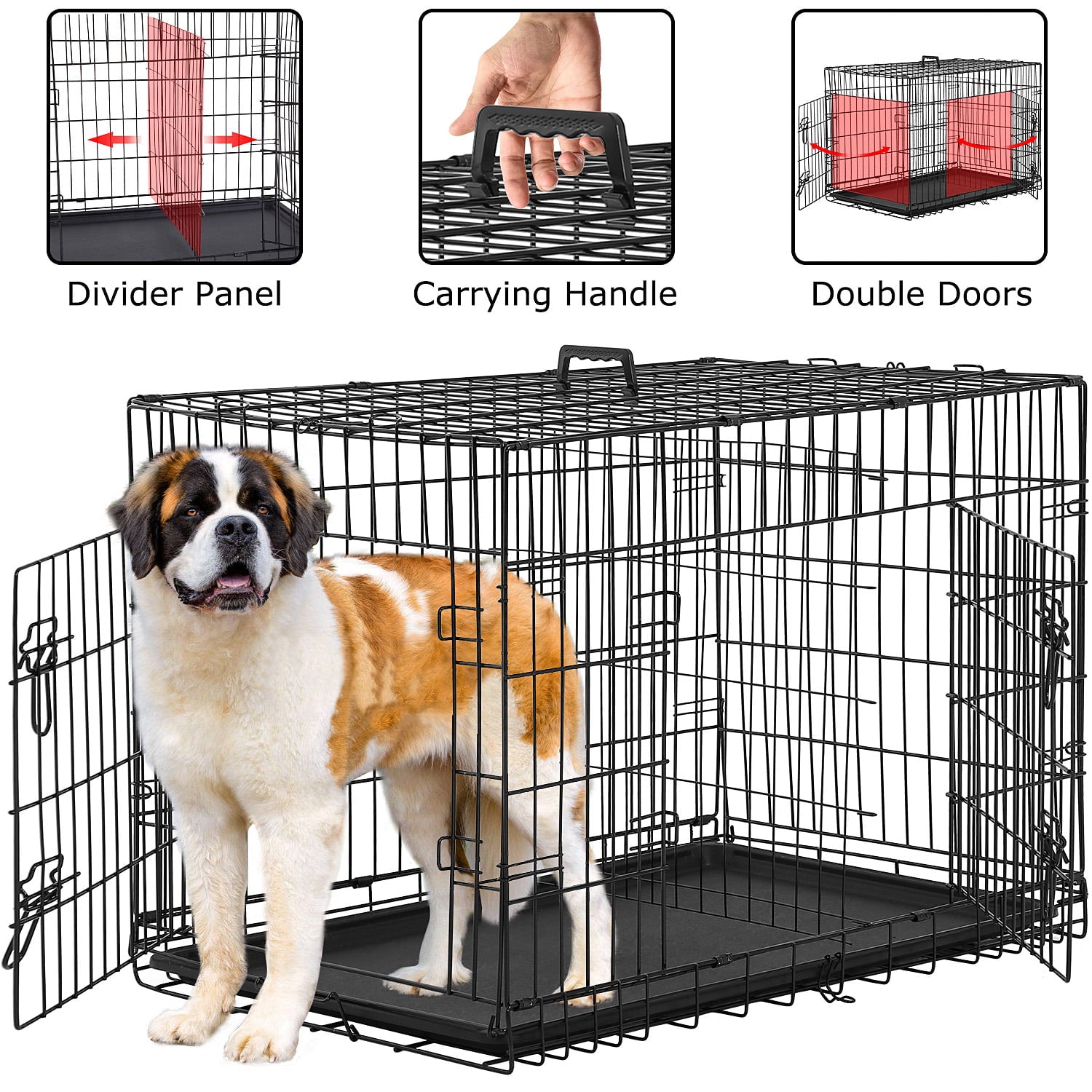 24-48 inch Dog Crates and Kennels for Big Dog， Foldable Large Dog Crate for Large Dogs with Handle Double-Door Outdoor Metal Wire Dog Cage with Plastic Tray for Medium Dogs