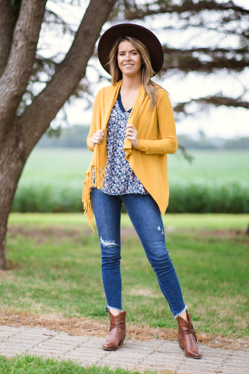 Mustard Fringe Trim Cardigan
