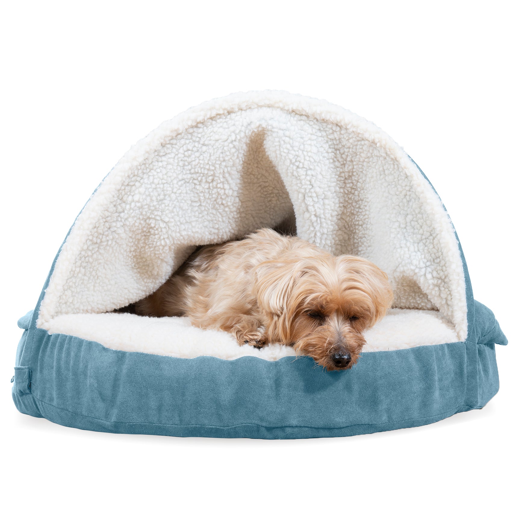 FurHaven | Memory Foam Faux Sheepskin Snuggery Burrow Pet Bed for Dogs and Cats， Blue， 26-Inch