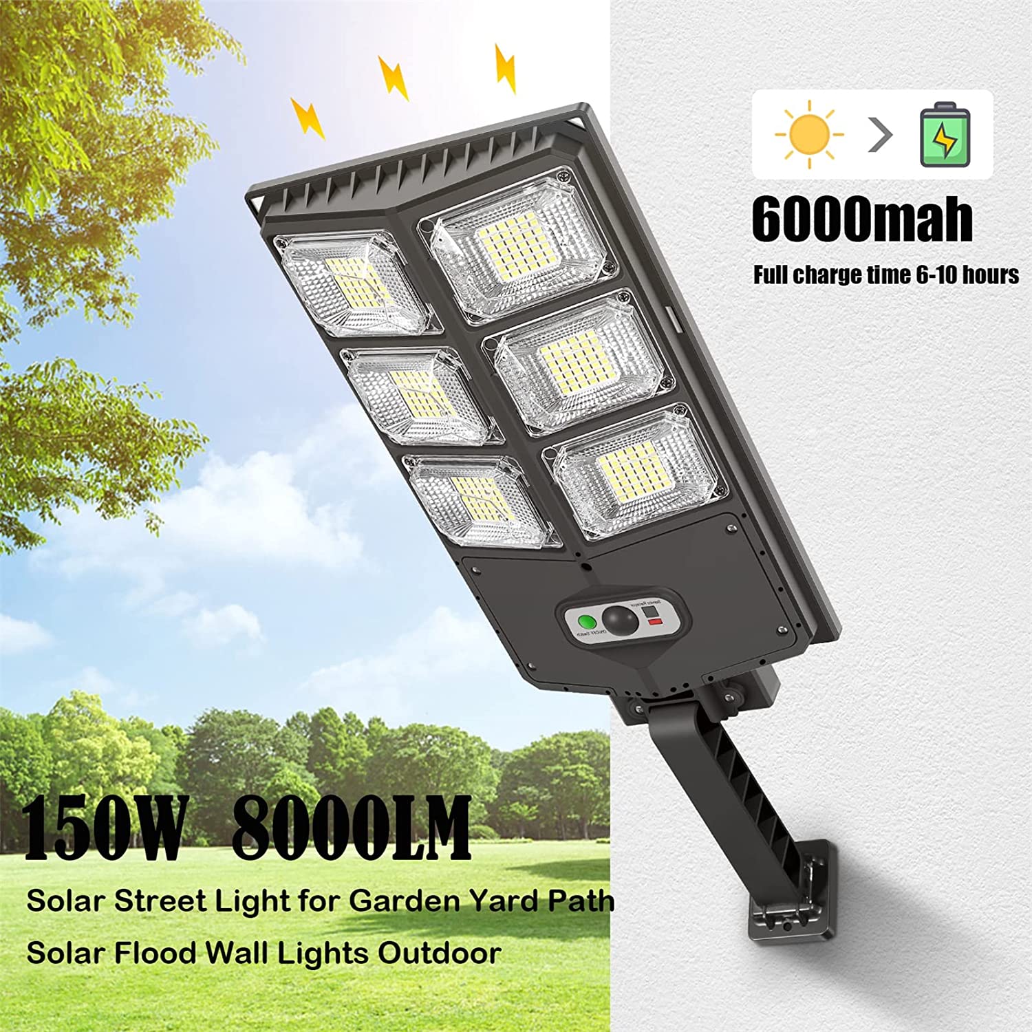 HSC 150W Solar Lights Outdoor， 3 Modes Led Solar Wall Light Motion Sensor with Remote Control， 8000LM IP65 Waterproof Solar Flood Lights Lamp for Yard， Garden， Path， Parking lot