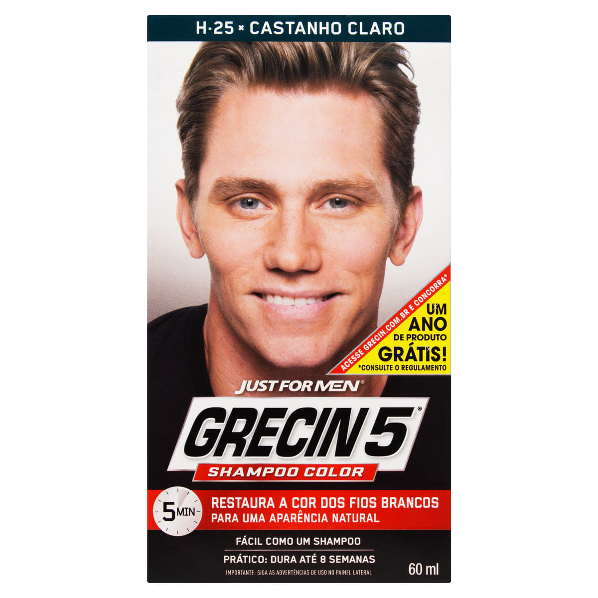Shampoo Color Grecin 5 Just for Men Tonalizante H-25 Castanho Claro 60 ml