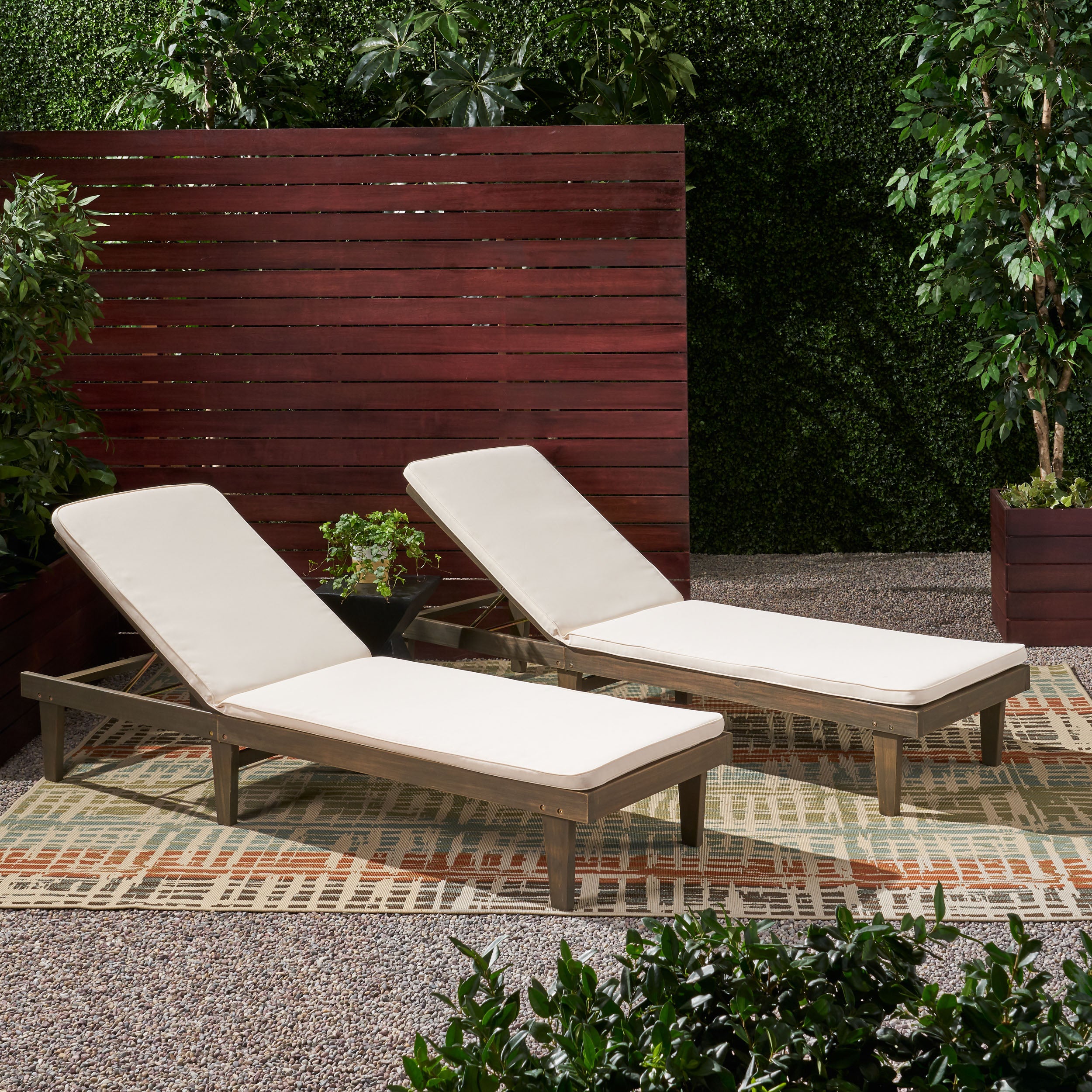 Nadine Outdoor Modern Acacia Wood Chaise Lounge with Cushion (Set of 2)