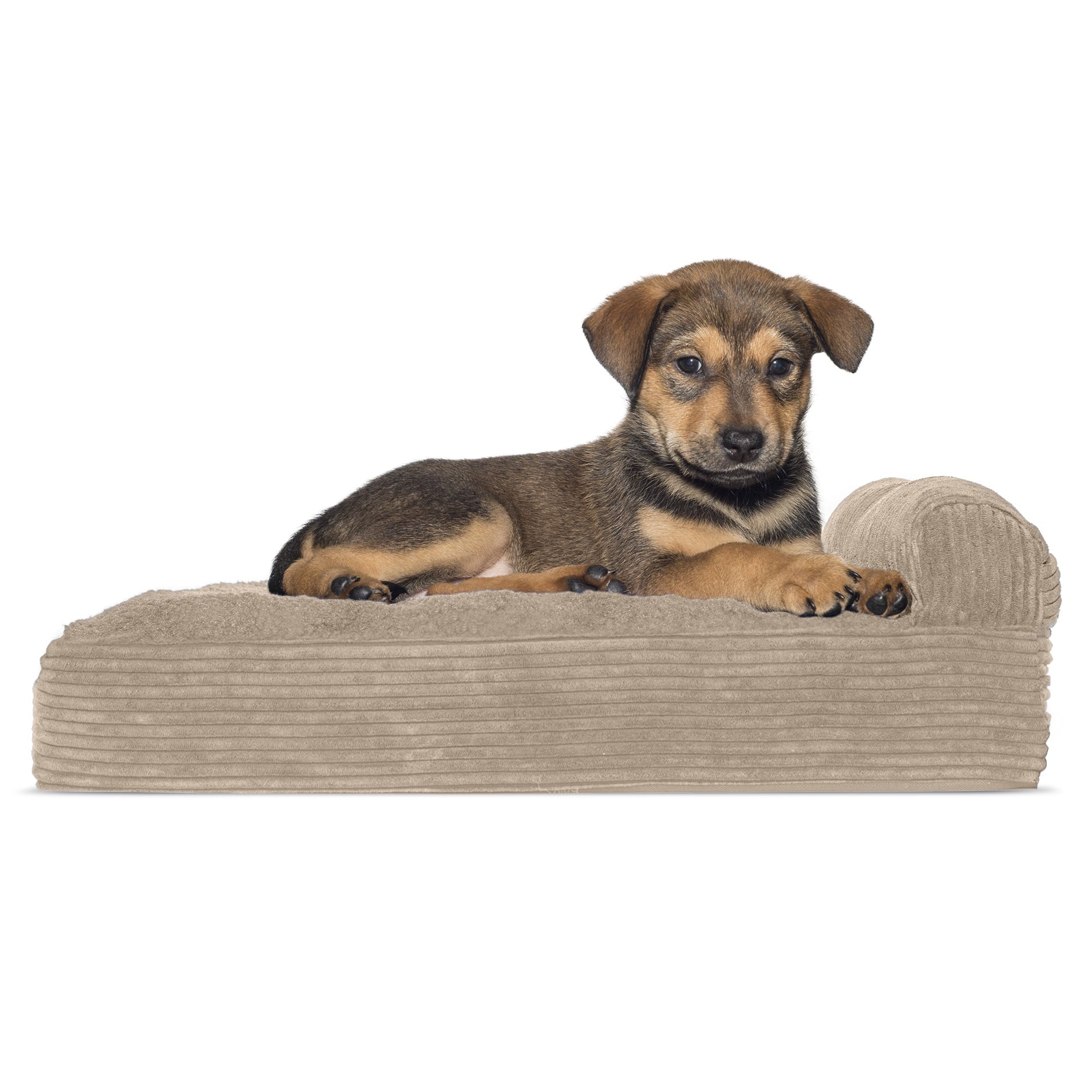 FurHaven Pet Dog Bed | Deluxe Orthopedic Faux Fleece and Corduroy Chaise Couch Pet Bed for Dogs and Cats， Sandstone， Small