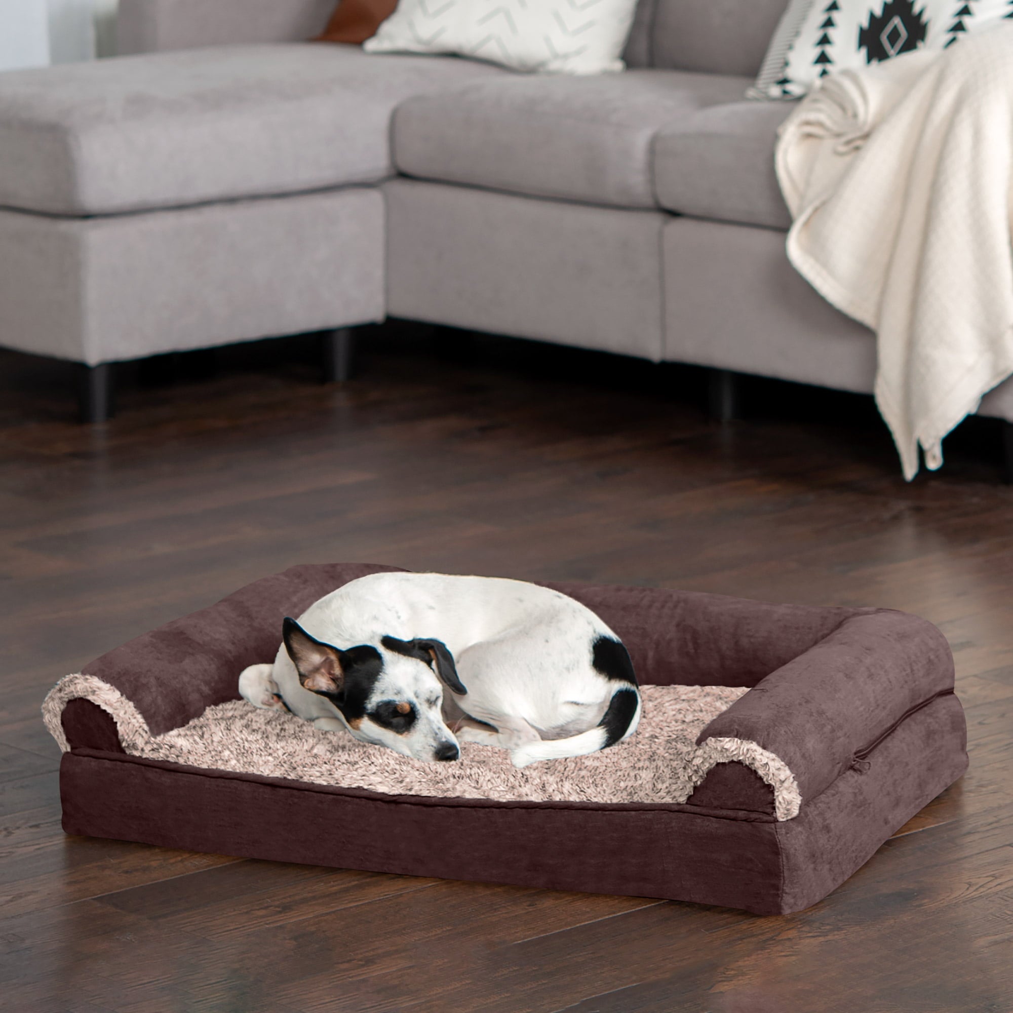 FurHaven Pet Products | Cooling Gel Memory Foam Orthopedic Two-Tone Faux Fur and Suede Sofa-Style Couch Pet Bed for Dogs and Cats， Espresso， Medium