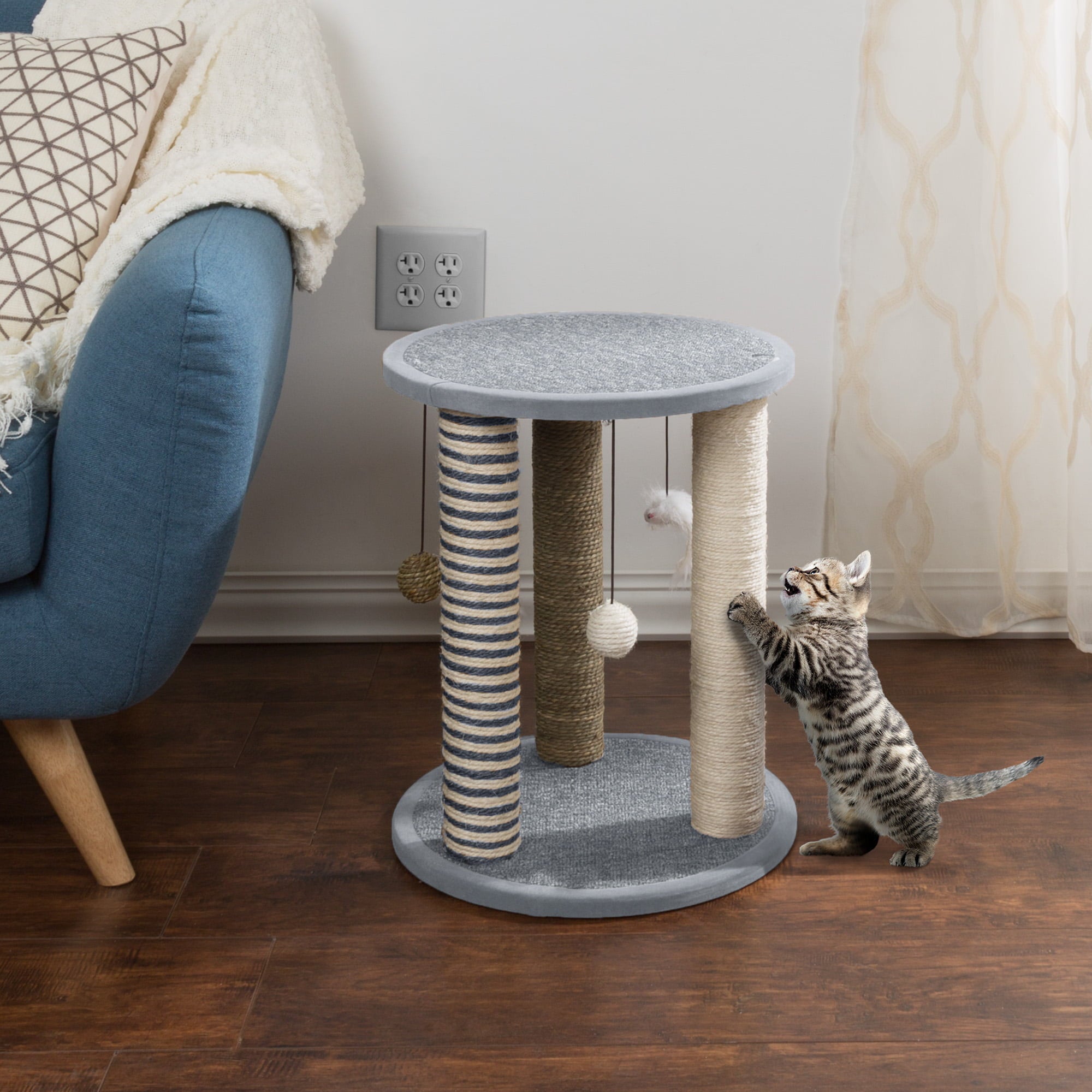 Cat Scratching Post Tower with 3 Posts， 2 Carpeted Perches， Sisal Rope Scratchers for Indoor Cats， Hanging Mouse， and Ball Toys by PETMAKER (Gray)