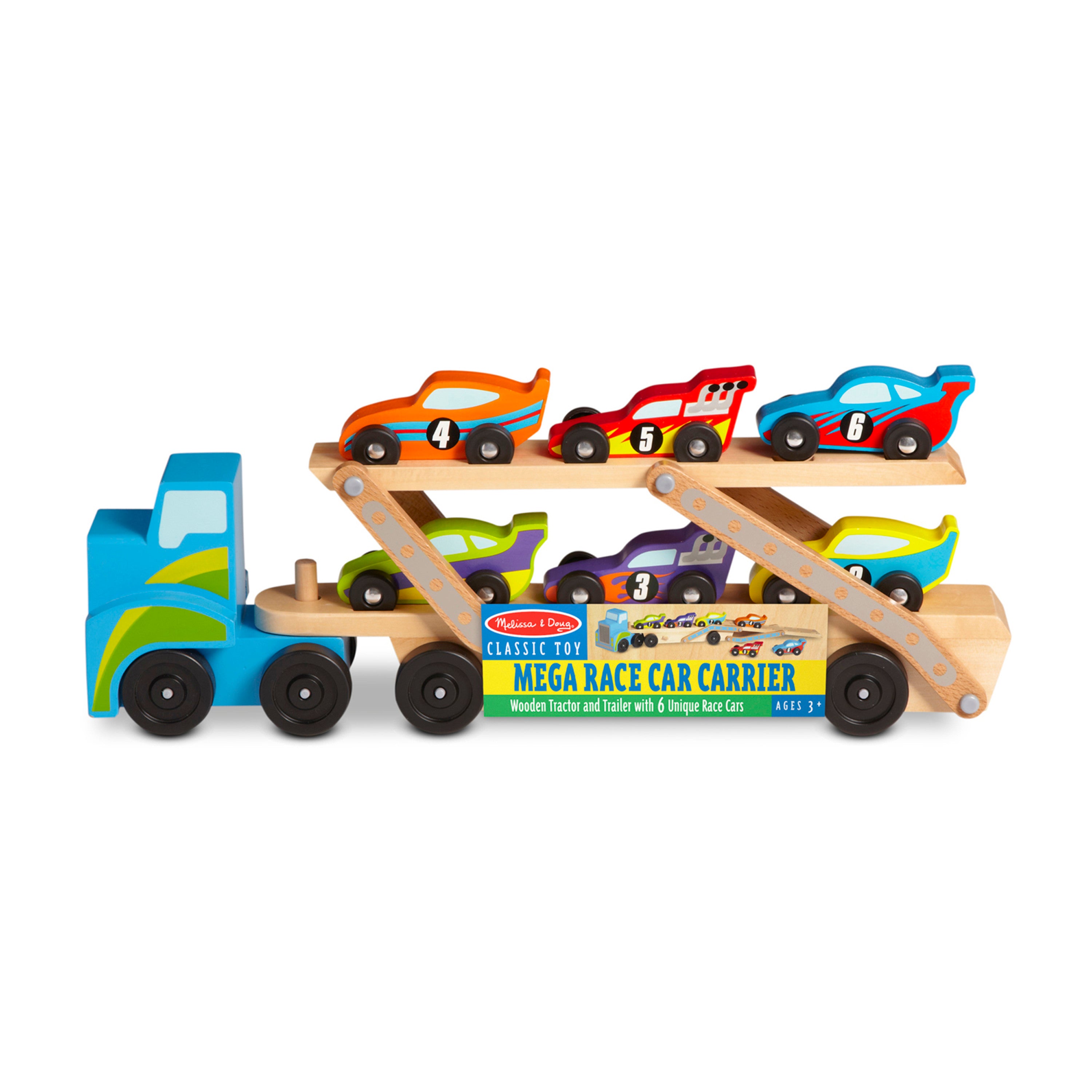 Melissa and Doug Mega Race-Car Carrier - Wooden Tractor and Trailer With 6 Unique Race Cars