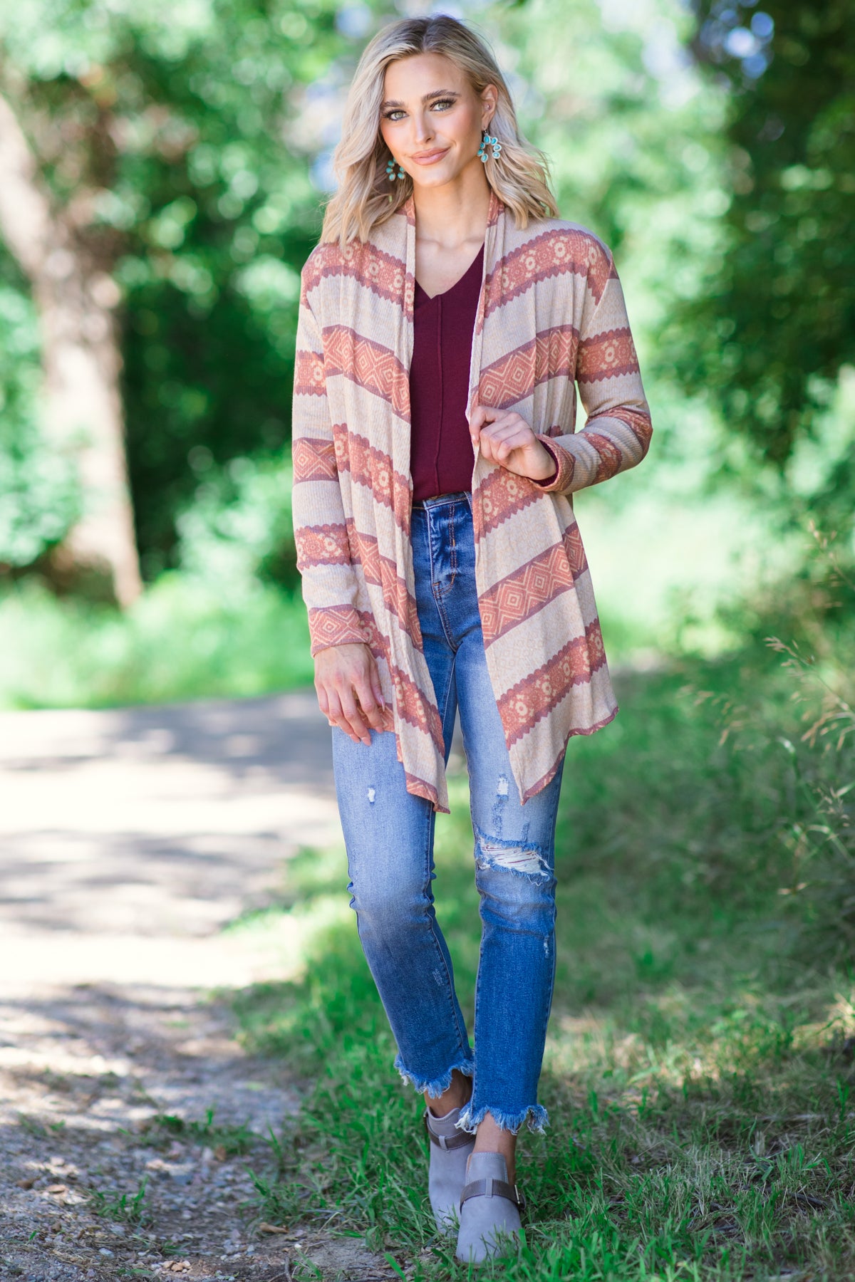 Orange and Beige Aztec Stripe Cardigan