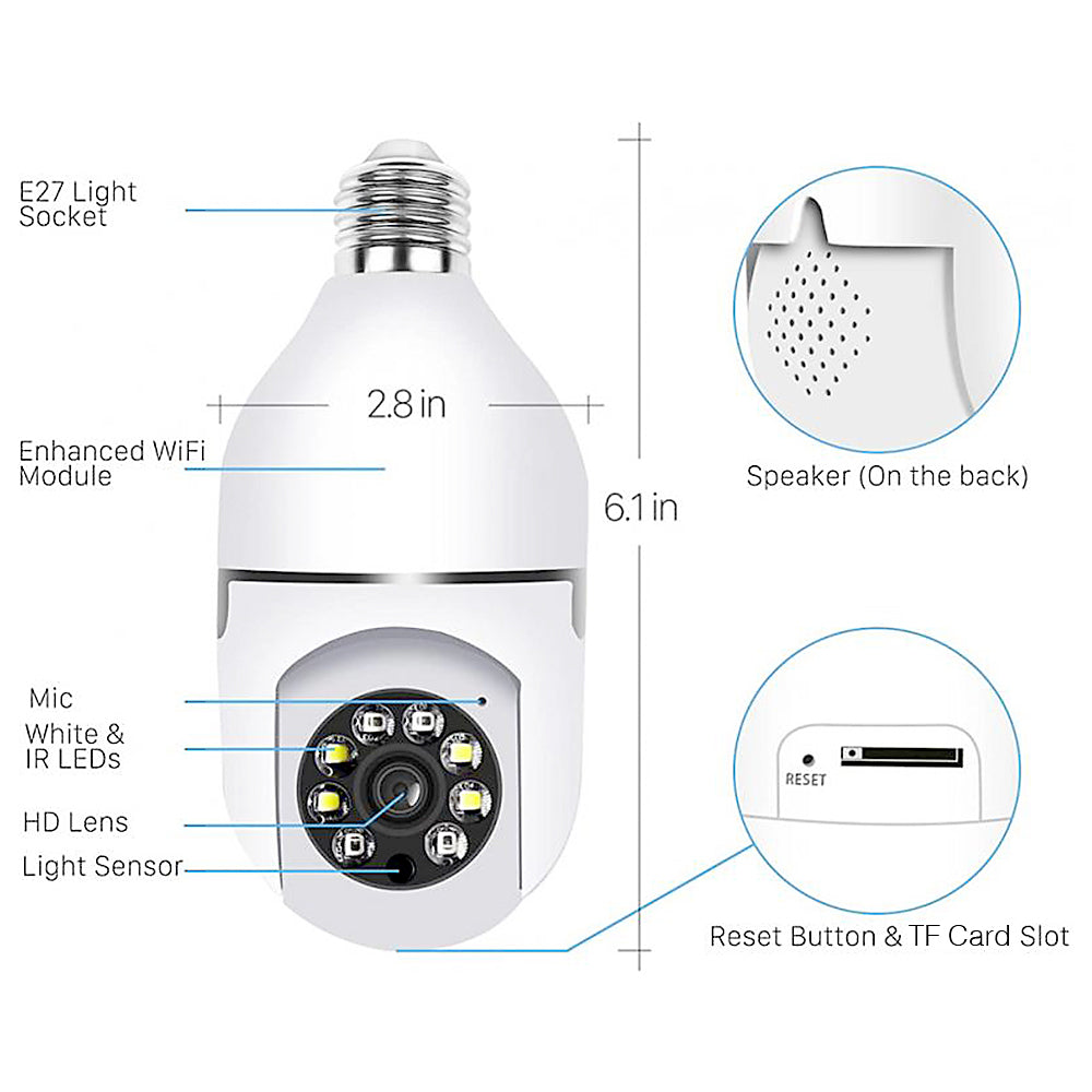 Bulb Camera， WiFi 360 Panoramic 1080P Security Camera with 2.4GHz WiFi 360 Degree Panoramic Viewing Wireless Home Surveillance Camera， Night Vision， Two Way Audio， Smart Motion Detection Tuya APP