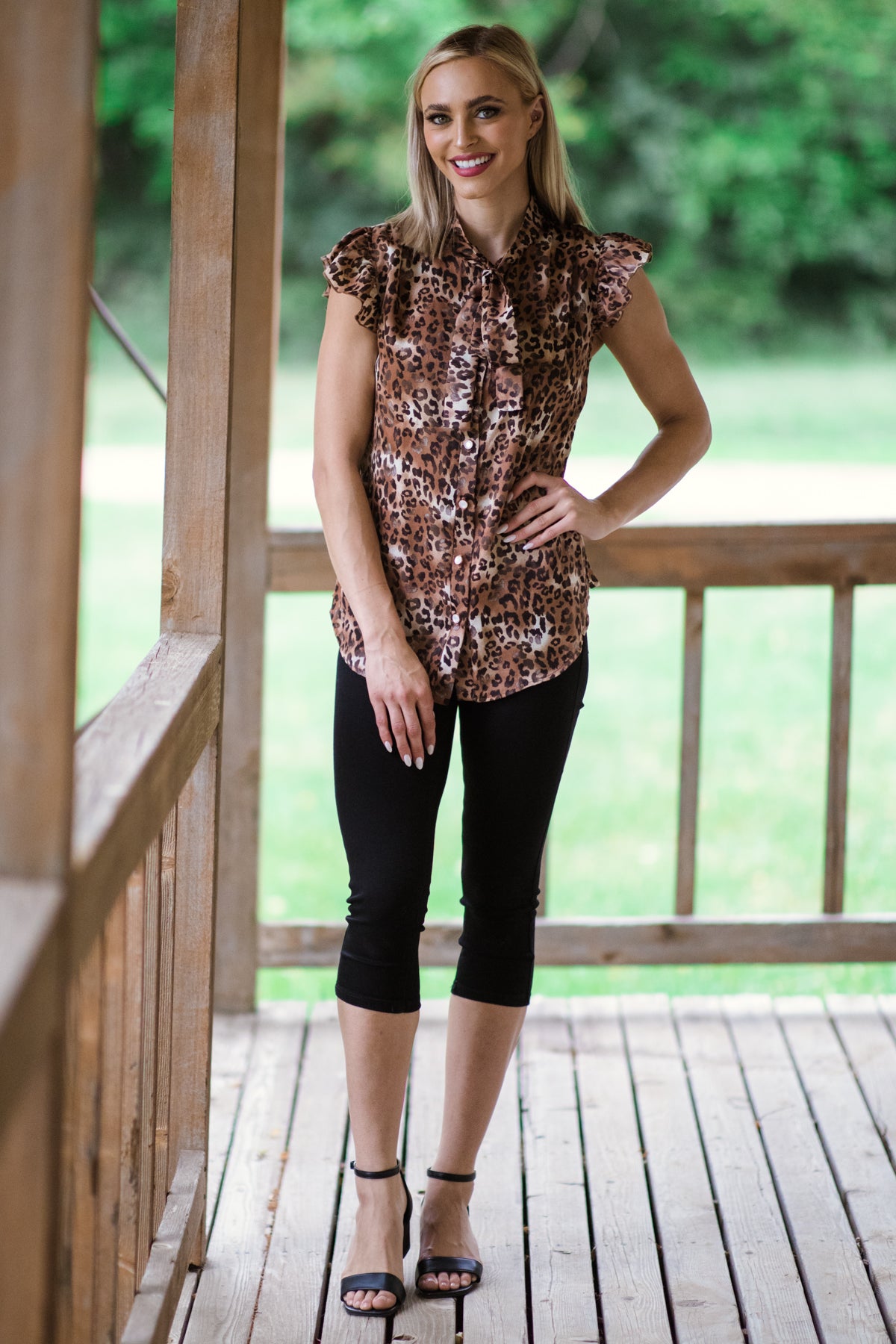 Cognac Flutter Sleeve Animal Print Top