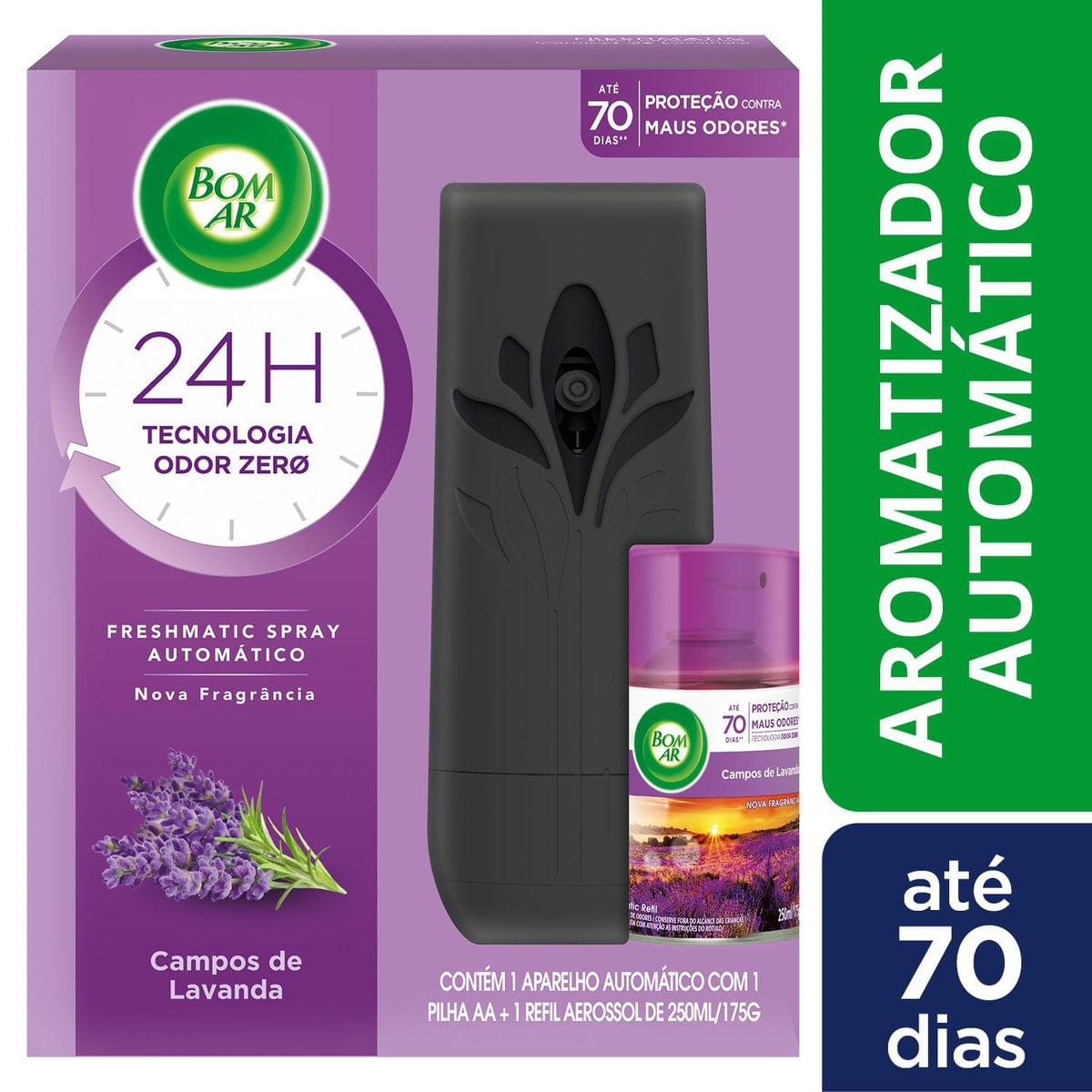 Aromatizador de Ambiente Bom Ar Automatico Aerossol Freshmatic Campos de Lavanda Aparelho + Refil 250ml